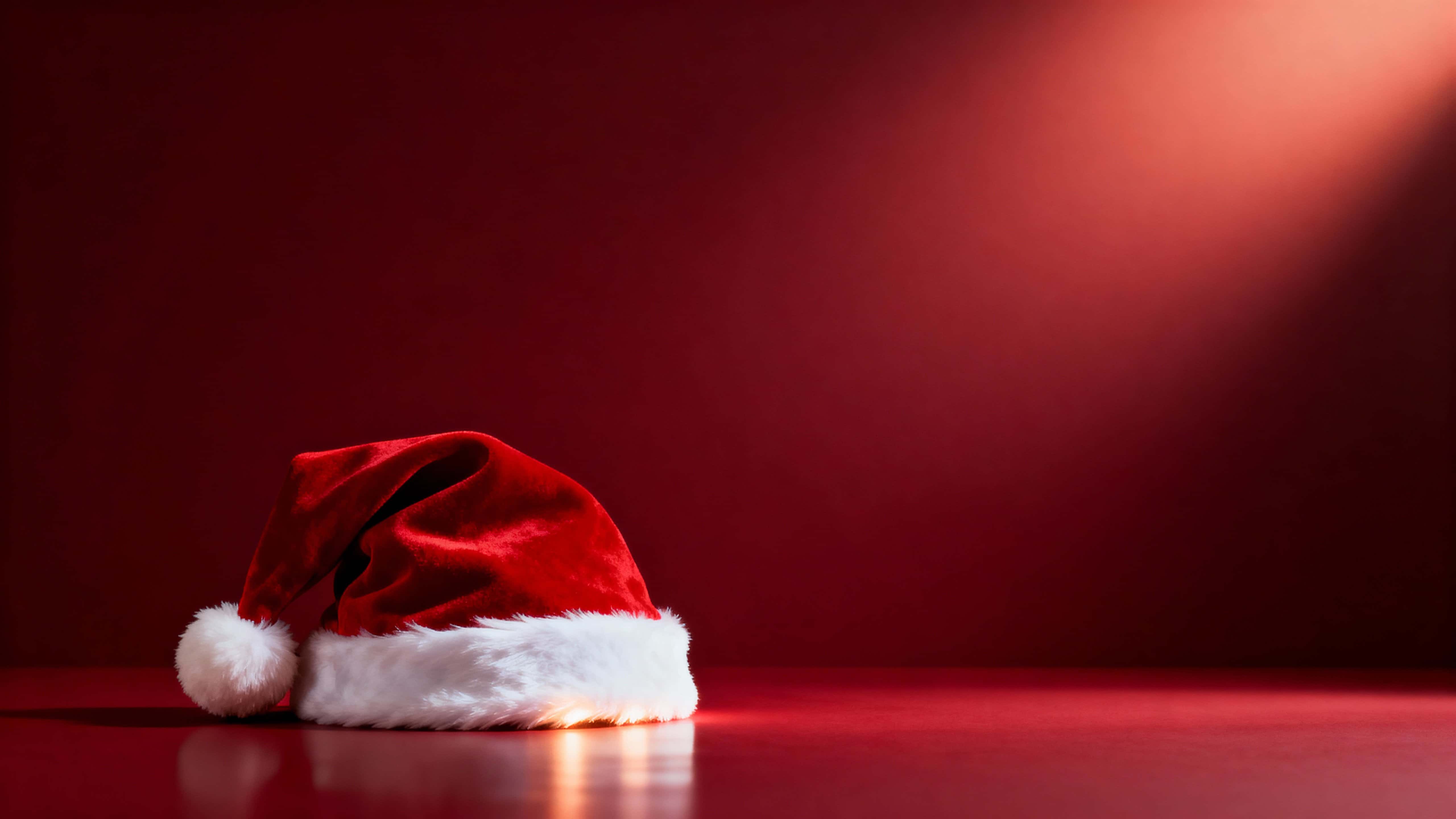 A horizontal 16:9 Christmas scene shows a single rich-red Santa hat with soft white trim and fluffy pom resting slightly left of center on a subtle reflective surface, against a deep crimson background that darkens toward the corners with a