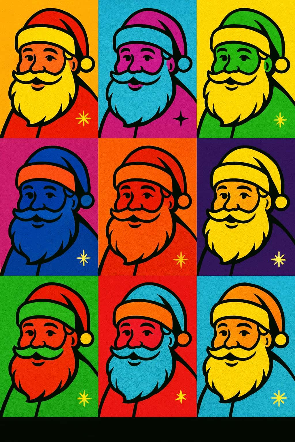 A 2:3 portrait poster showing a 3x3 pop-art grid of Santa heads, each square rendered in a vivid duotone with flat beard and hat shapes outlined in thick black, halftone shadows and tiny snowflakes and stars tucked into corners.