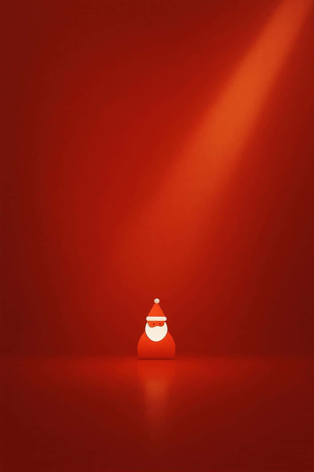 On a 2:3 crimson rectangle, a small crisp Santa icon sits near the lower center as edges fade from deep burgundy to glowing scarlet, with a narrow diagonal golden beam and a faint floor reflection creating vast calm negative space.