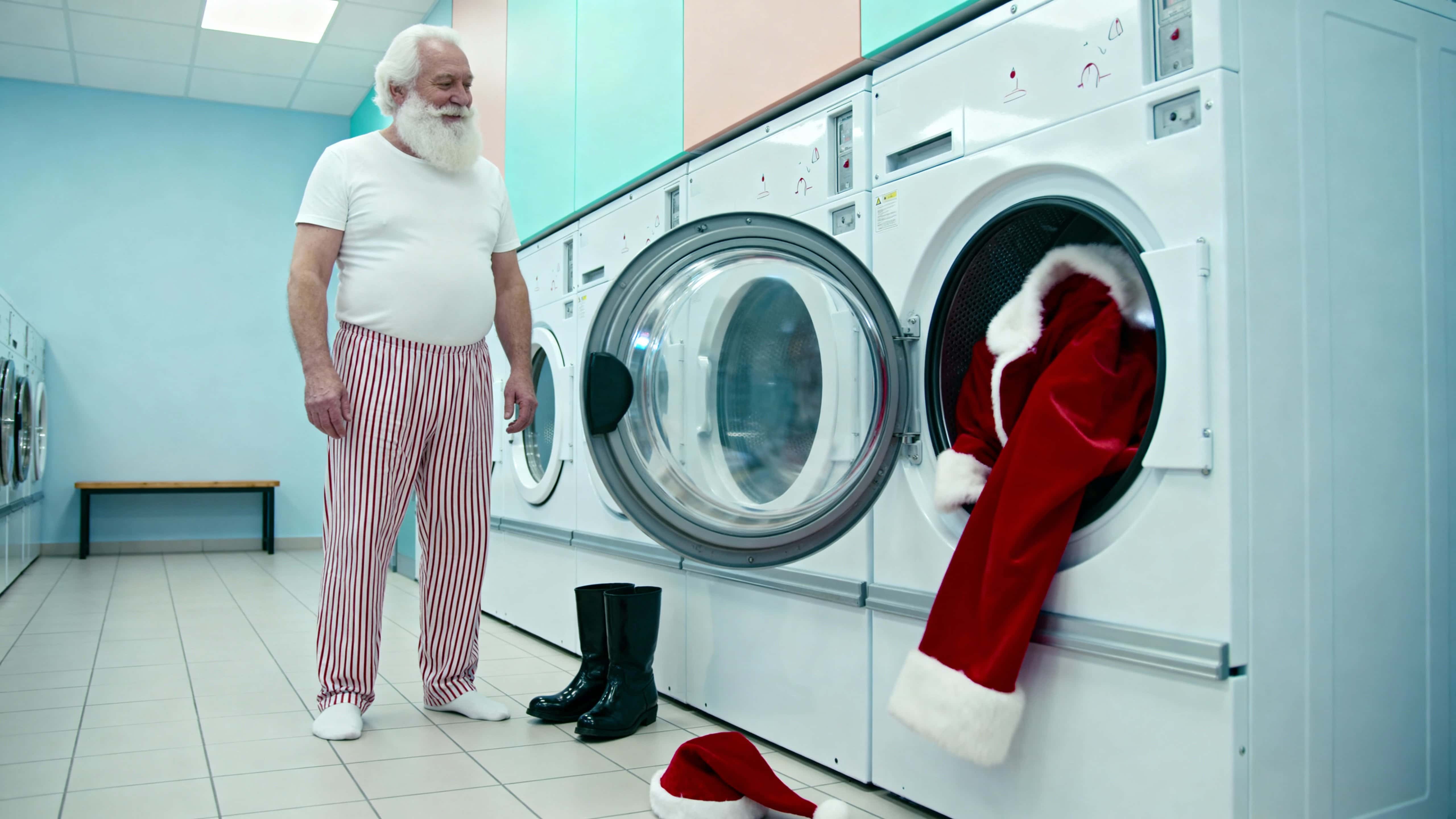 Crisp ad-style photo of Santa in a bright laundromat watching his red suit spin, playful and clean, evenly lit with soft cool overhead light.