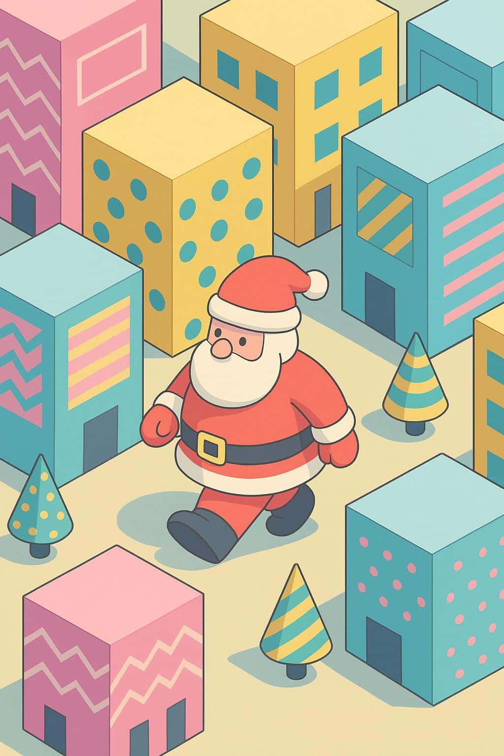 Isometric Memphis-style mini city of pastel blocky buildings with zigzags, polka dots and diagonal stripes, where a chunky Santa in a red coat strolls past patterned cone trees under soft ambient light.