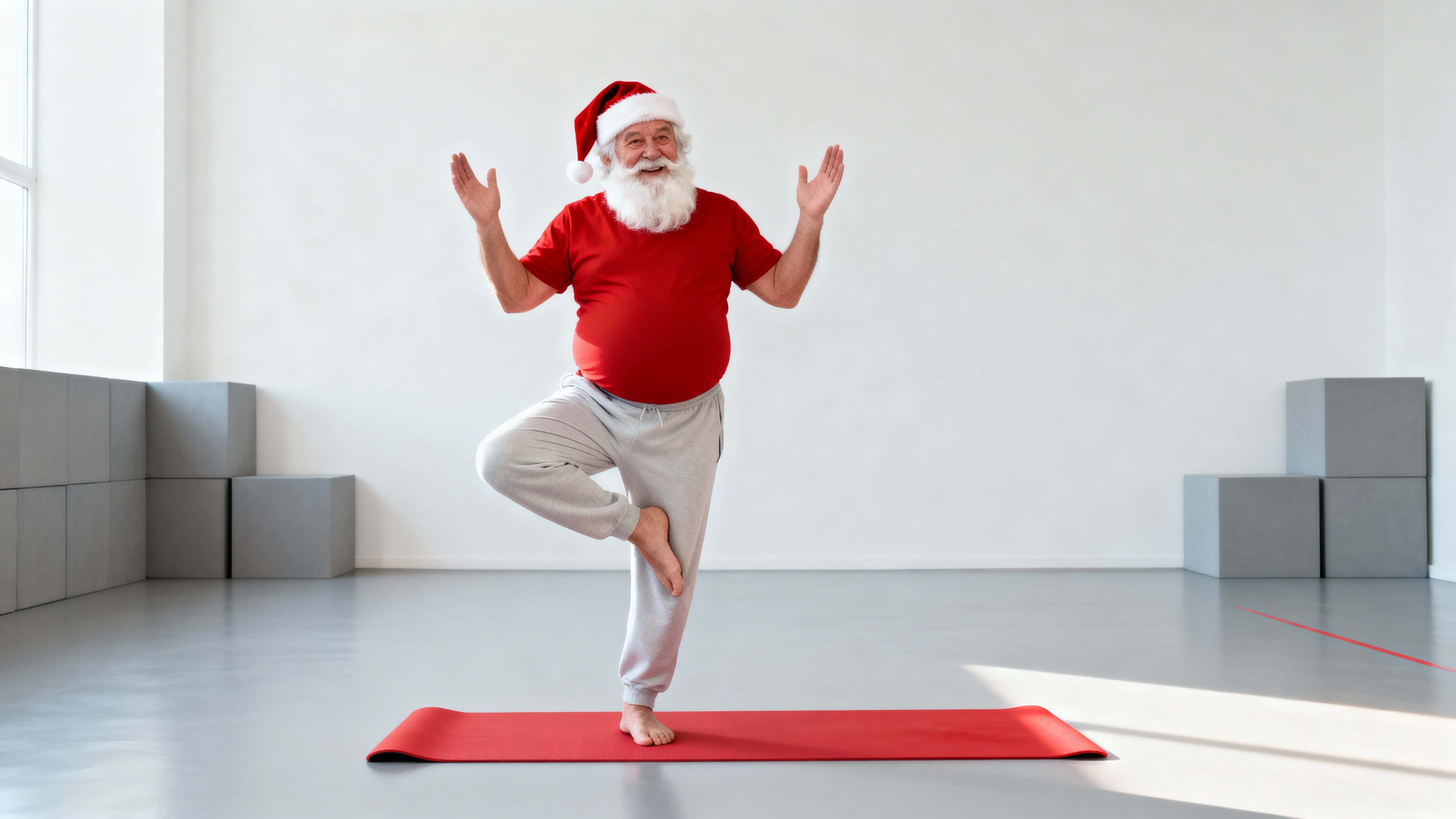 Commercial-style photograph of Santa attempting a wobbling tree pose on a red mat in a bright white yoga studio, light, humorous, minimal and polished.