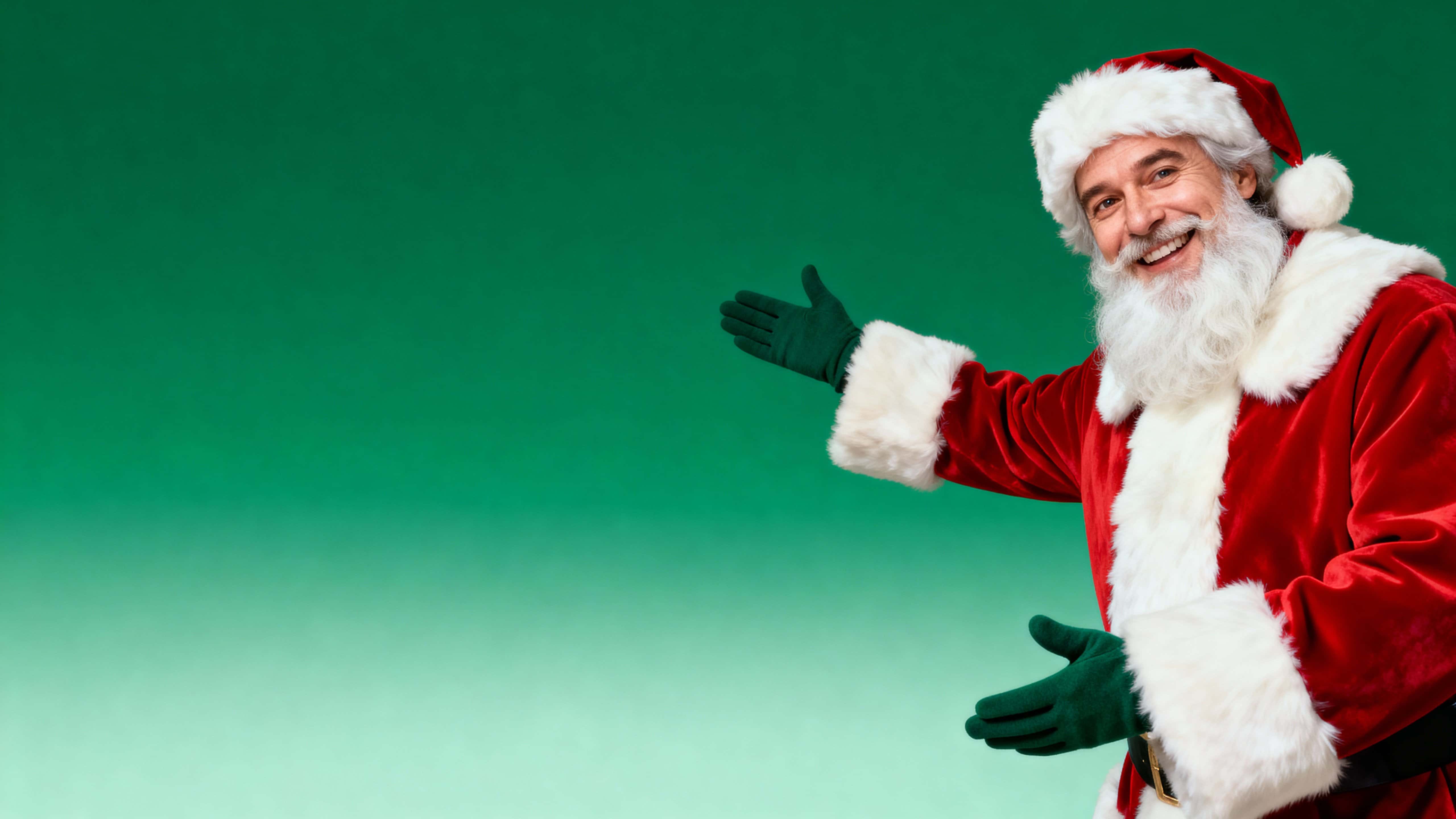 Contemporary 16:9 portrait of Santa from mid-torso up on the right, smiling at the camera with both arms gesturing—one inviting, one pointing to the empty left green gradient space for copy.