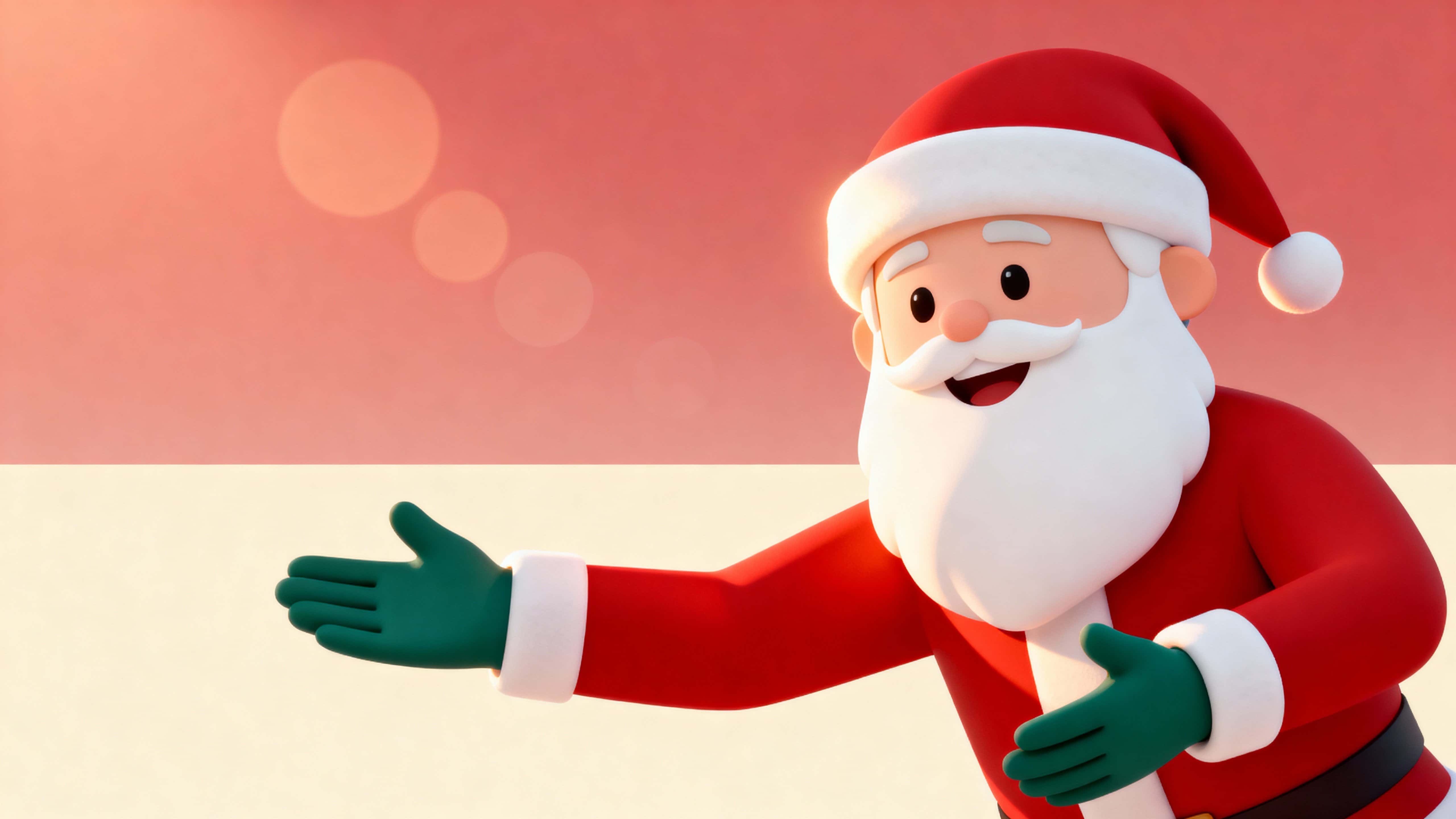 Warm, modern, minimal close-up of Santa from mid-torso on the right, leaning toward the viewer with open arms and a welcoming smile against a simple cream-to-blush gradient background with subtle halos.