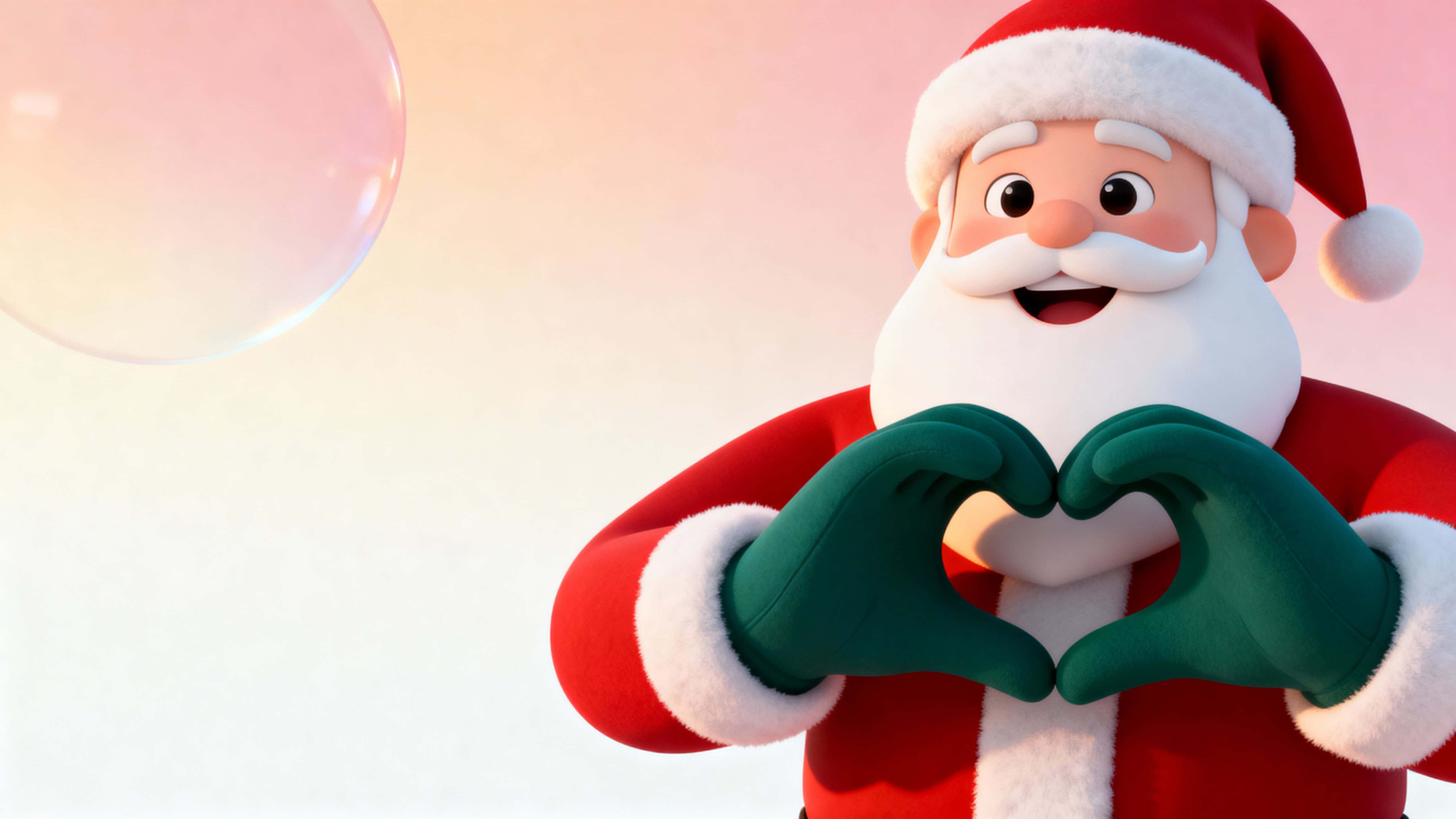 Warm modern minimal 3D portrait of Santa on the right, mid-torso up, eye contact and a delighted grin as he forms a clear heart with green-gloved hands against a creamy-to-rose gradient left copy space.