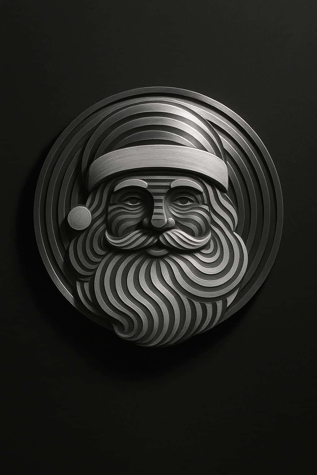 Op-art metal relief of Santa’s face as a circular wall sculpture featuring alternating concentric raised and recessed rings in brushed silver and matte white against a dark gallery wall.