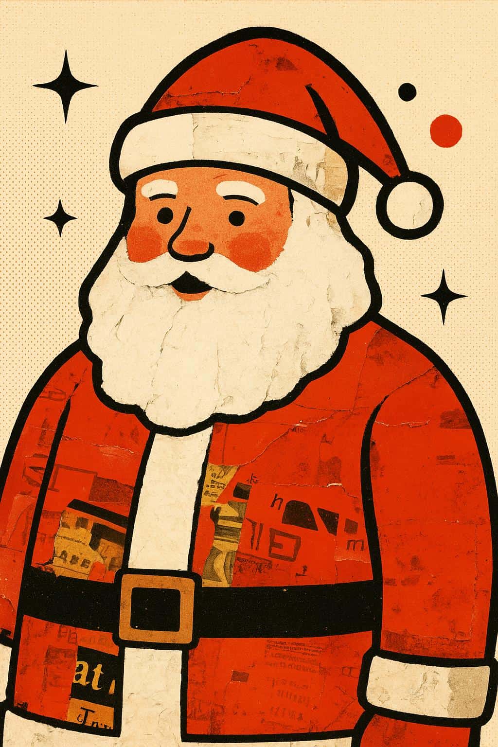 Mixed-media pop collage of Santa made from scanned vintage magazine fragments and flat vector shapes, with a red ad-photo coat, torn white-paper beard, bold black contour, halftone background and playful graphic stars, with slightly mis-al‑