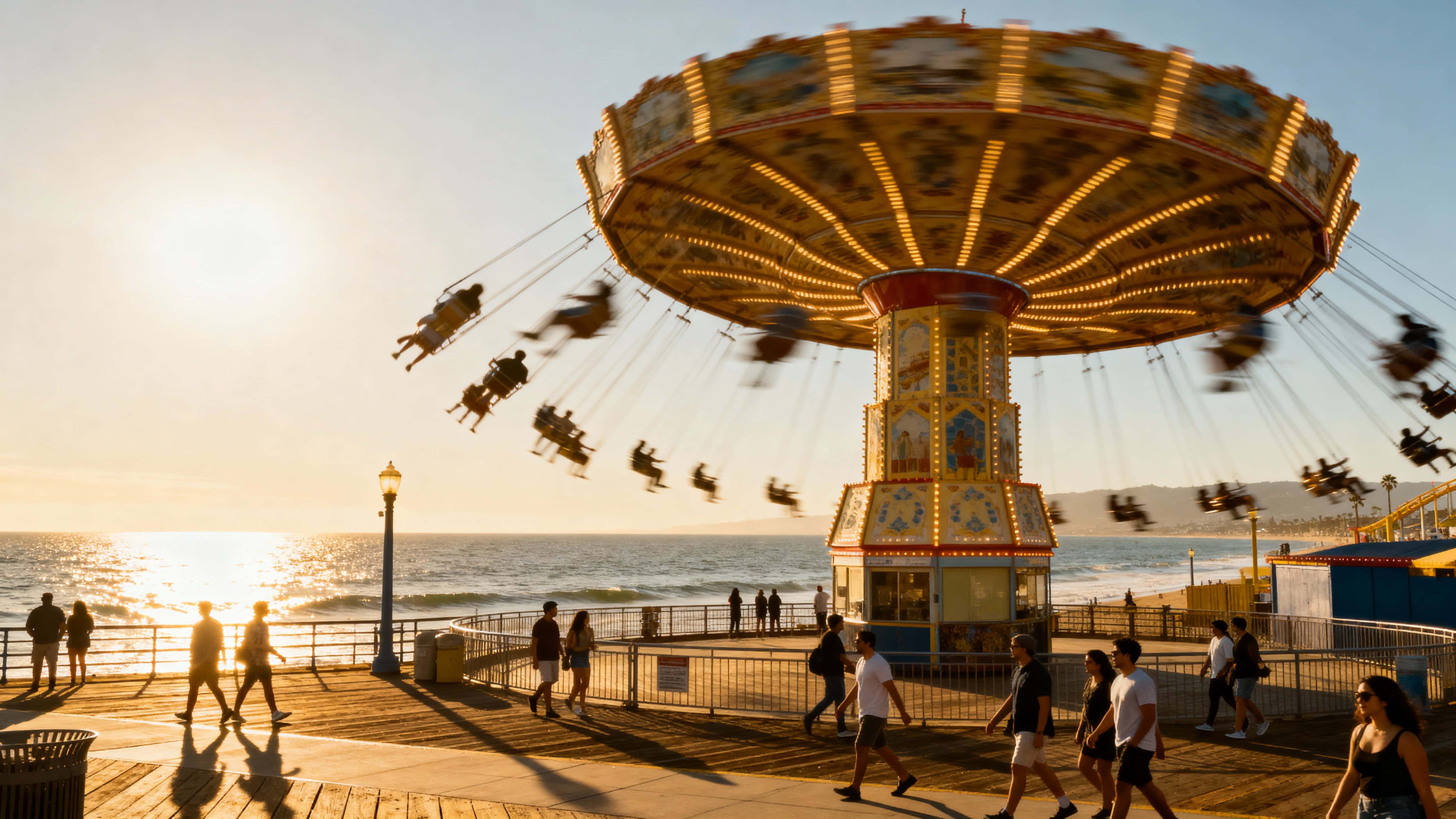 Vivid, realistic summer view of Santa Monica Pier with a spinning ferris wheel and pedestrians, sunlight sparkling off the ocean, framed in a wide 16:9 horizontal crop with the pier centered and horizon low.