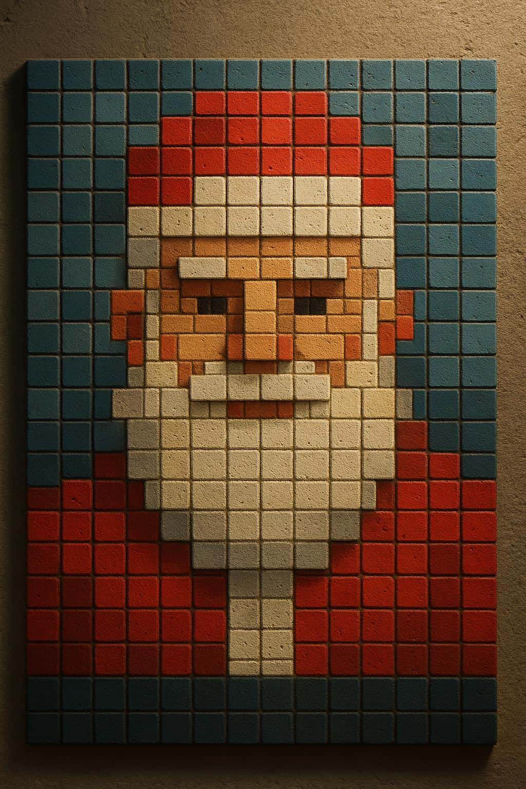 A tight frontal mosaic-style portrait of Santa composed of chunky matte square tiles forming his face, beard, and suit in a limited retro palette of reds, whites, blues, and skin tones.