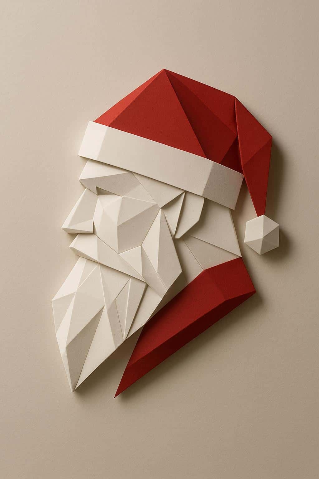 Contemporary sculptural relief of Santa’s profile formed from folded white and red paper planes mounted on a neutral wall, with sharp architectural edges and soft gallery-side shadows.