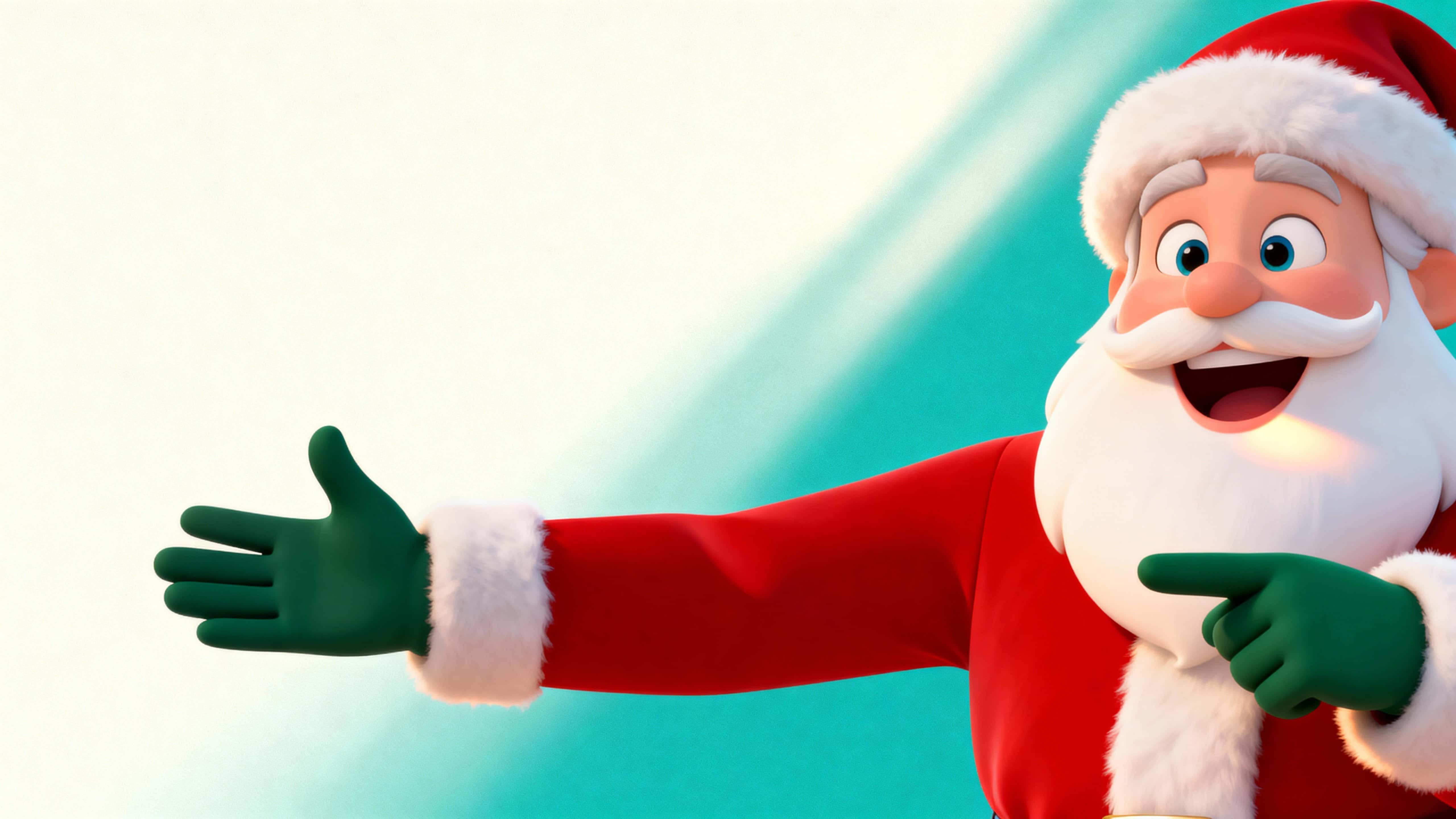 Right-side mid-torso close-up of a playful, stylized 3D Santa in 16:9, leaning forward with one hand pointing at the viewer and the other gesturing to left copy space gradient.