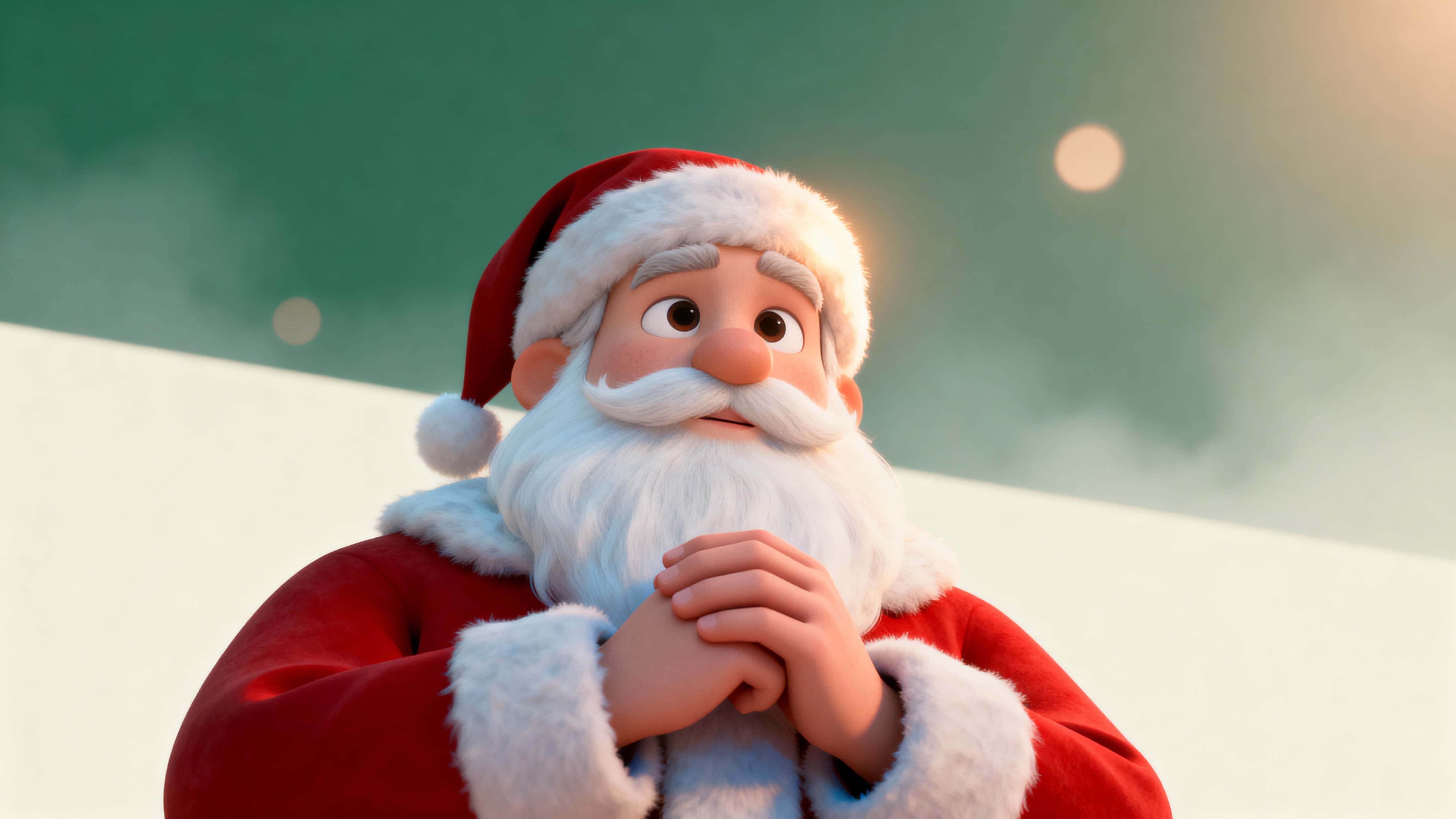 A cozy, intimate Santa portrait cropped chest-up, centered low in 16:9 with warm semi-realistic 3D-illustration styling, calm expression and ample negative space for copy.
