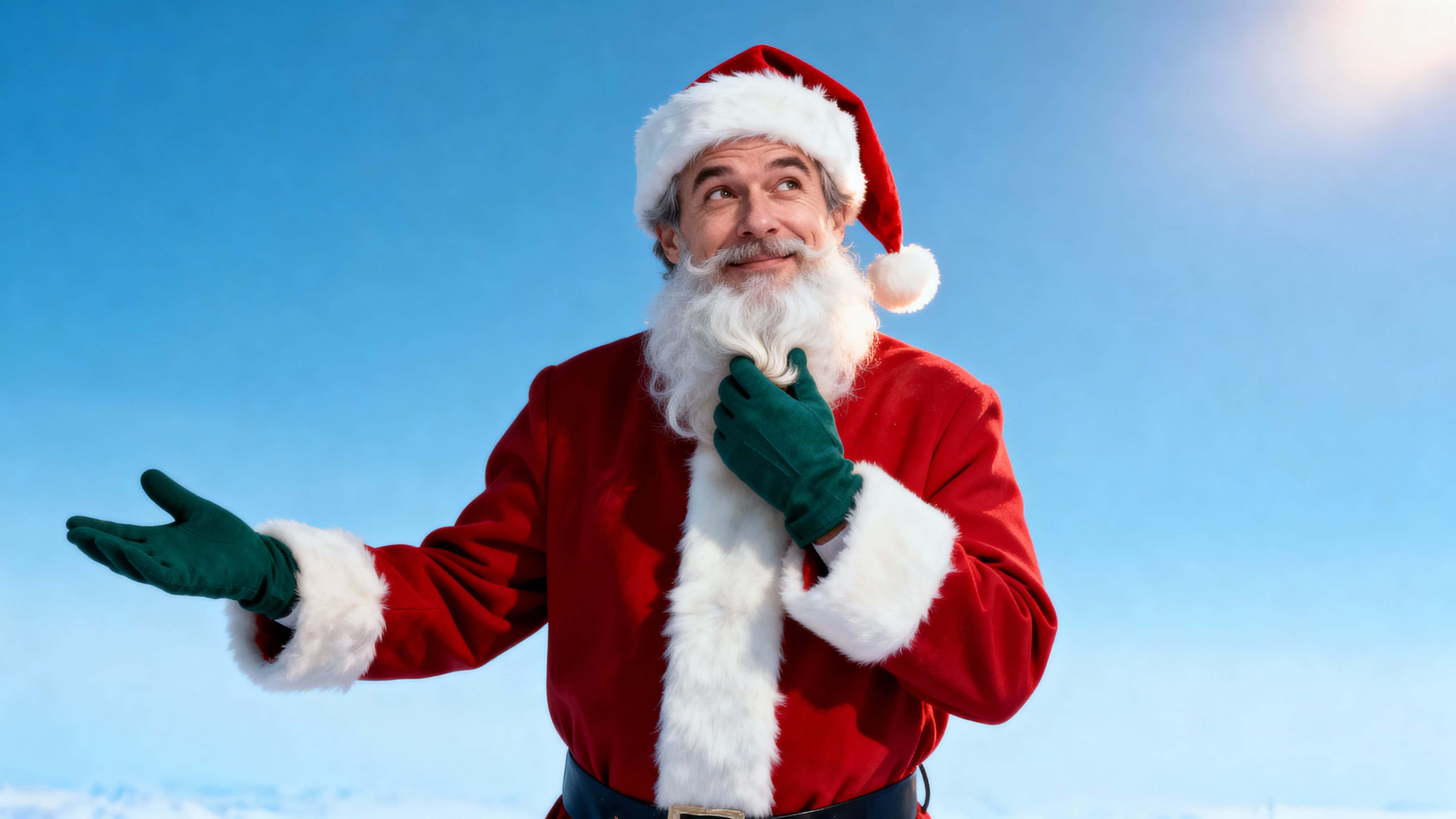 A modern, relaxed holiday portrait of Santa from mid-torso upward, slightly right of center, with a thoughtful smile, one hand at his beard and the other outstretched against an icy-blue gradient.