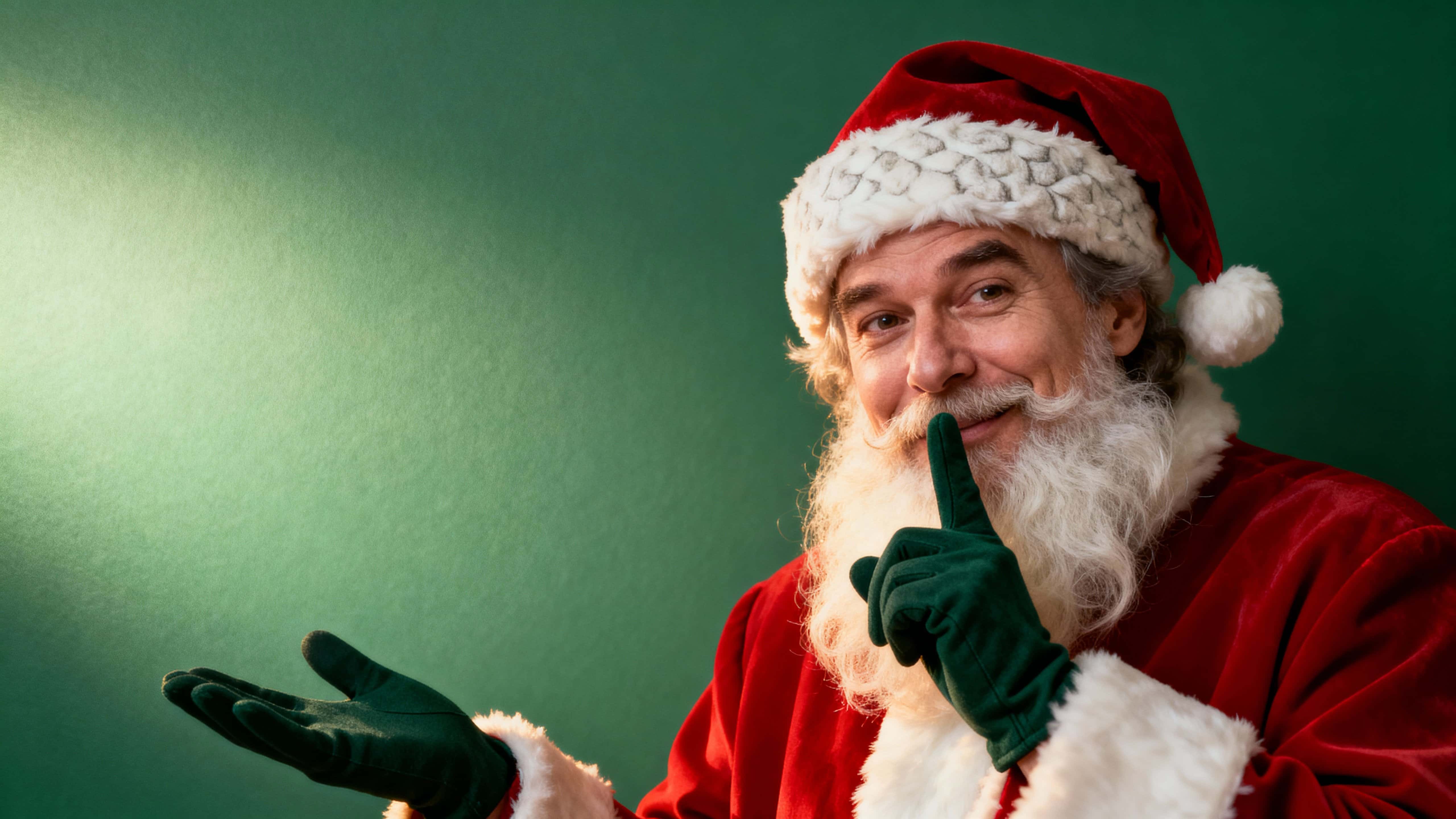 Cozy, intimate 16:9 portrait of Santa from chest up at right, angled inward with a playful “shh” and open palm toward empty evergreen copy space, softly lit and gently graded.