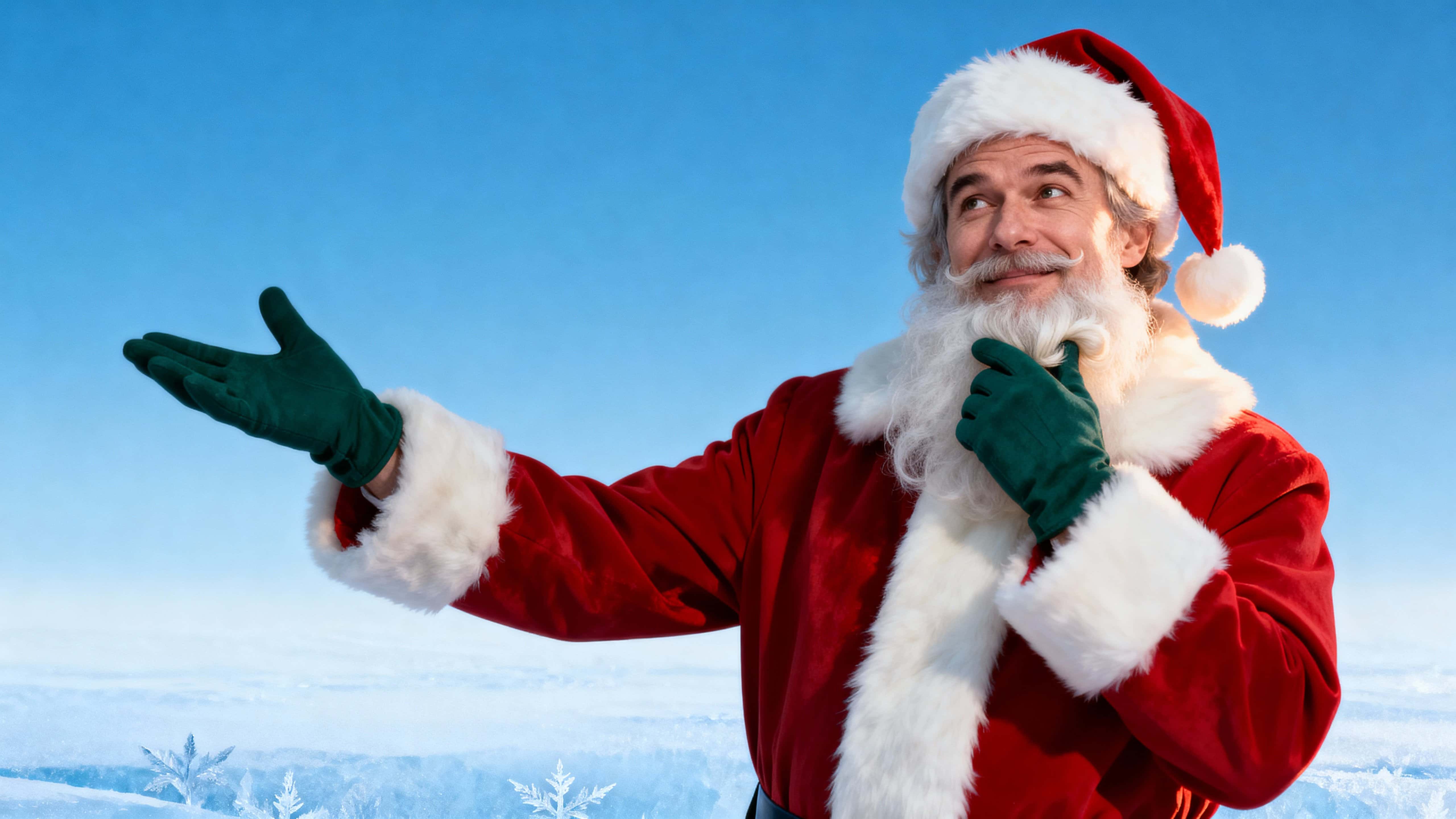 A relaxed, mid-torso holiday portrait of Santa slightly right-of-center, looking at camera with a thoughtful, slightly amused smile and presenting gesture against an icy blue gradient.