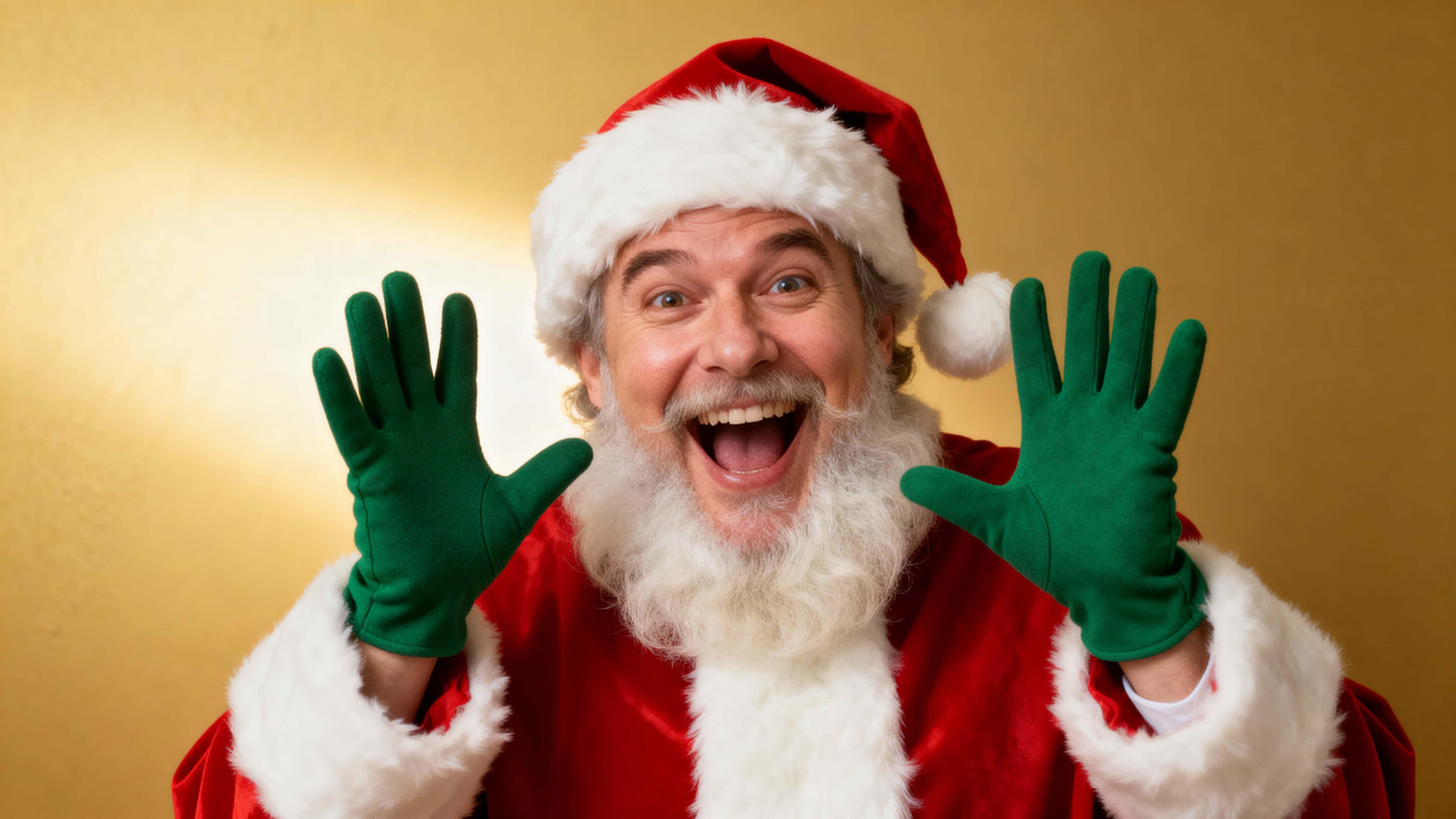 A clean editorial holiday portrait of Santa from chest up at left, leaning toward the camera with an open laugh and raised “ta‑da” hands against a single golden studio wall.