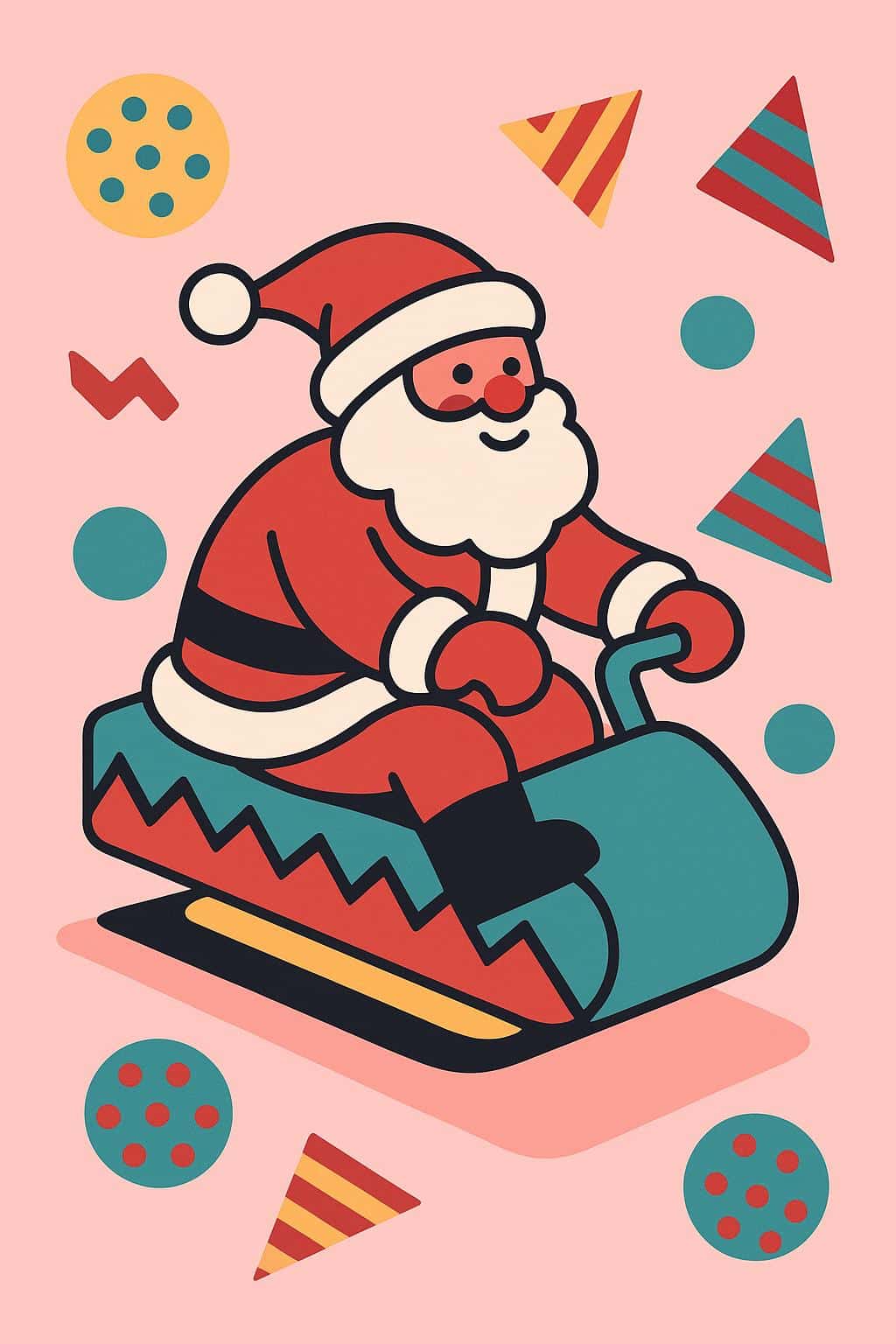 Playful Memphis-style illustration of Santa riding a simplified hover-sled over a flat pastel plane, with chunky vector forms, a zigzag-pattern sled, and floating polka-dot discs and striped triangles.