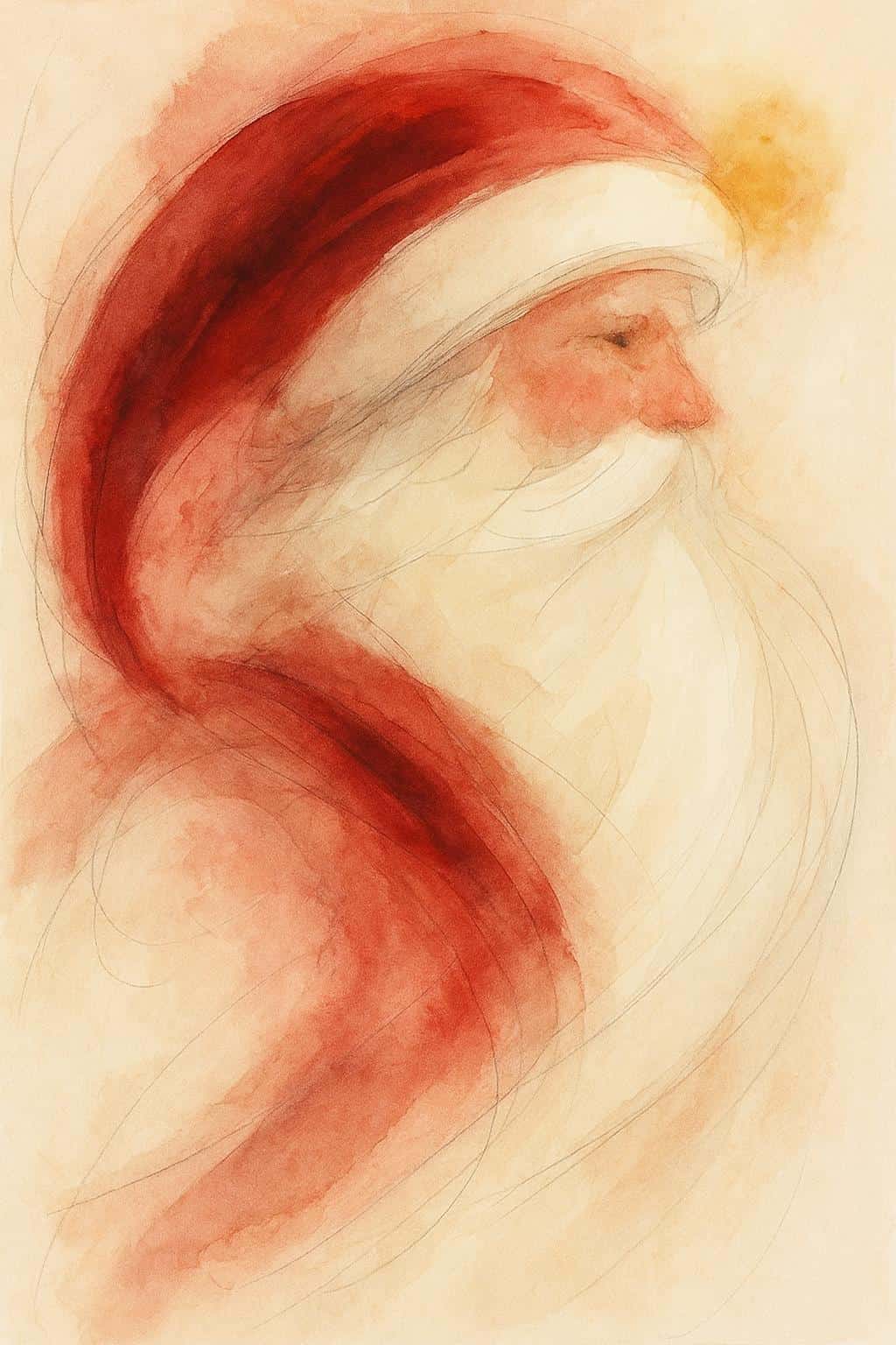 A tall, lyrical abstract painting suggesting Santa's presence with sweeping deep-crimson and soft-cream diagonal arcs, a loose curved band hinting at a beard and a small warm-gold pompom accent, watercolor-like washes and thin graphite gest