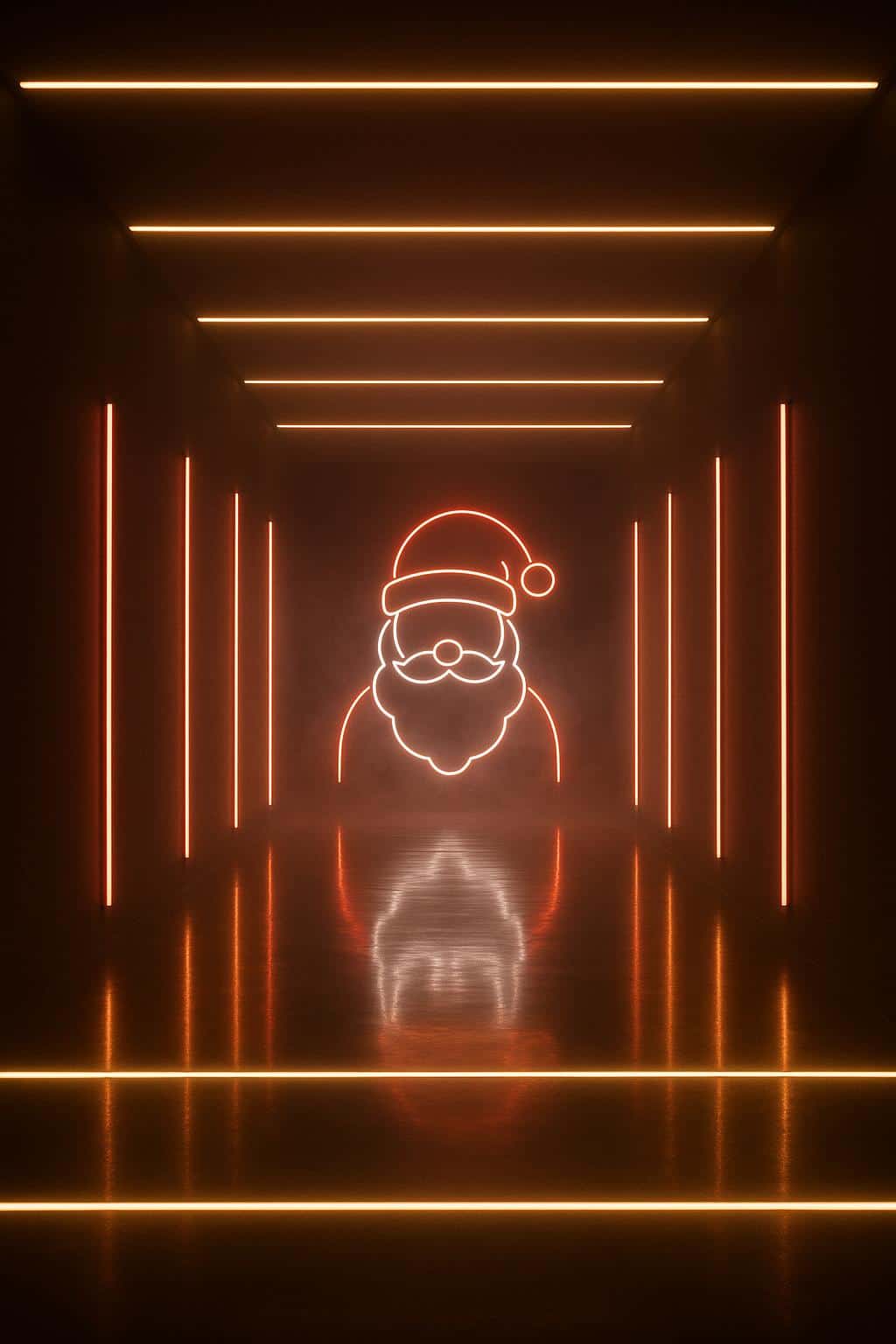 A dark gallery corridor in 2:3 framing with a simplified glowing red-and-white Santa silhouette on the far wall, parallel warm-white LED strips on floor and ceiling, and gentle mist forming soft luminous halos.