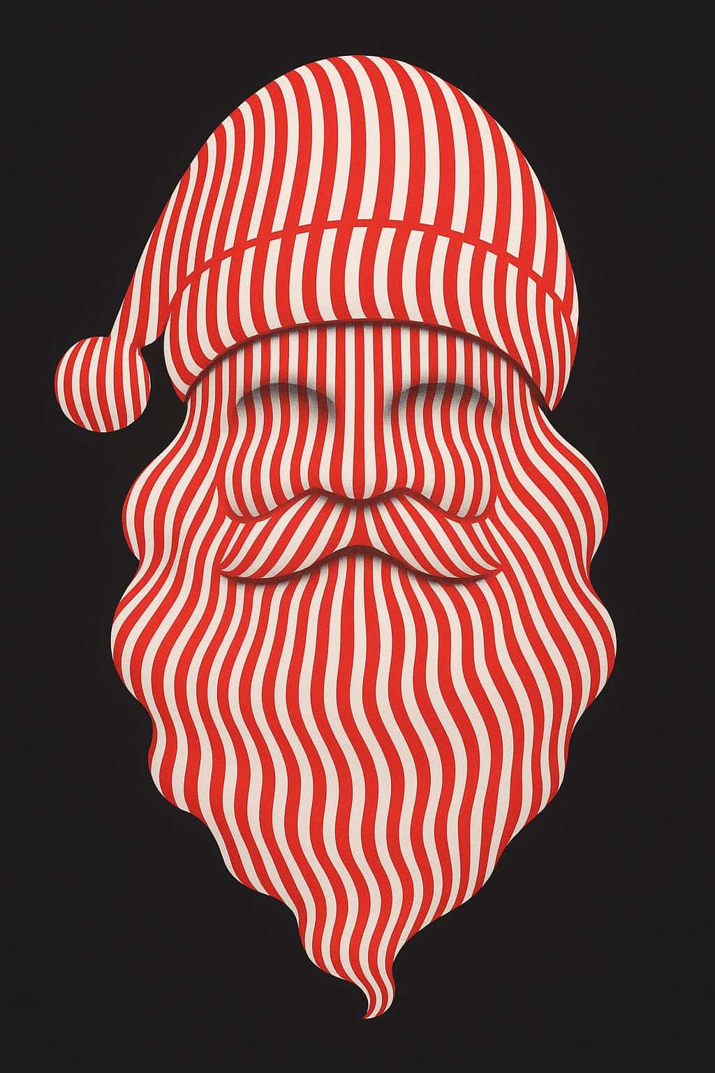 Santa silhouette formed from tight alternating red and white vertical stripes that bend and warp to shape his hat brim, cheeks, and beard against a dark charcoal field.
