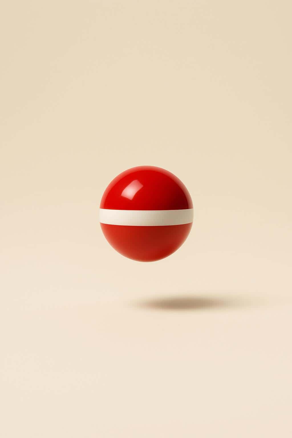 Hyper-minimal depiction of Santa as a glossy red sphere with a narrow matte white band around its equator, hovering just above a warm ivory field under a diffused overhead spotlight, casting a gentle elliptical shadow.