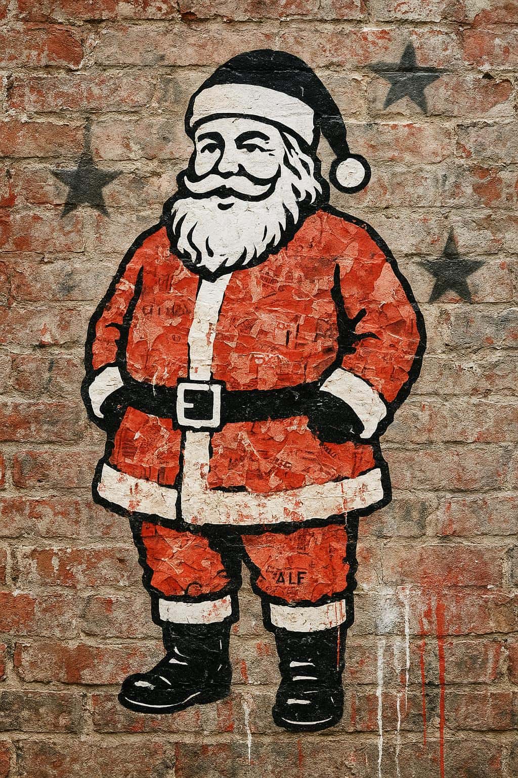 A gritty urban Santa in crisp black-and-white stencil for beard, boots and hat, with a coat of torn red paper scraps pasted on weathered brick, surrounded by spray-painted stars and red-and-white drips.