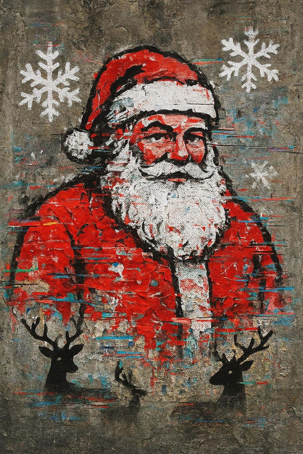 Contemporary street-art collage of Santa from layered torn posters on a rough concrete wall, red paper and white halftone dots form his coat and beard, spray snowflakes, stenciled reindeer, RGB glitches, framed vertical 2:3.