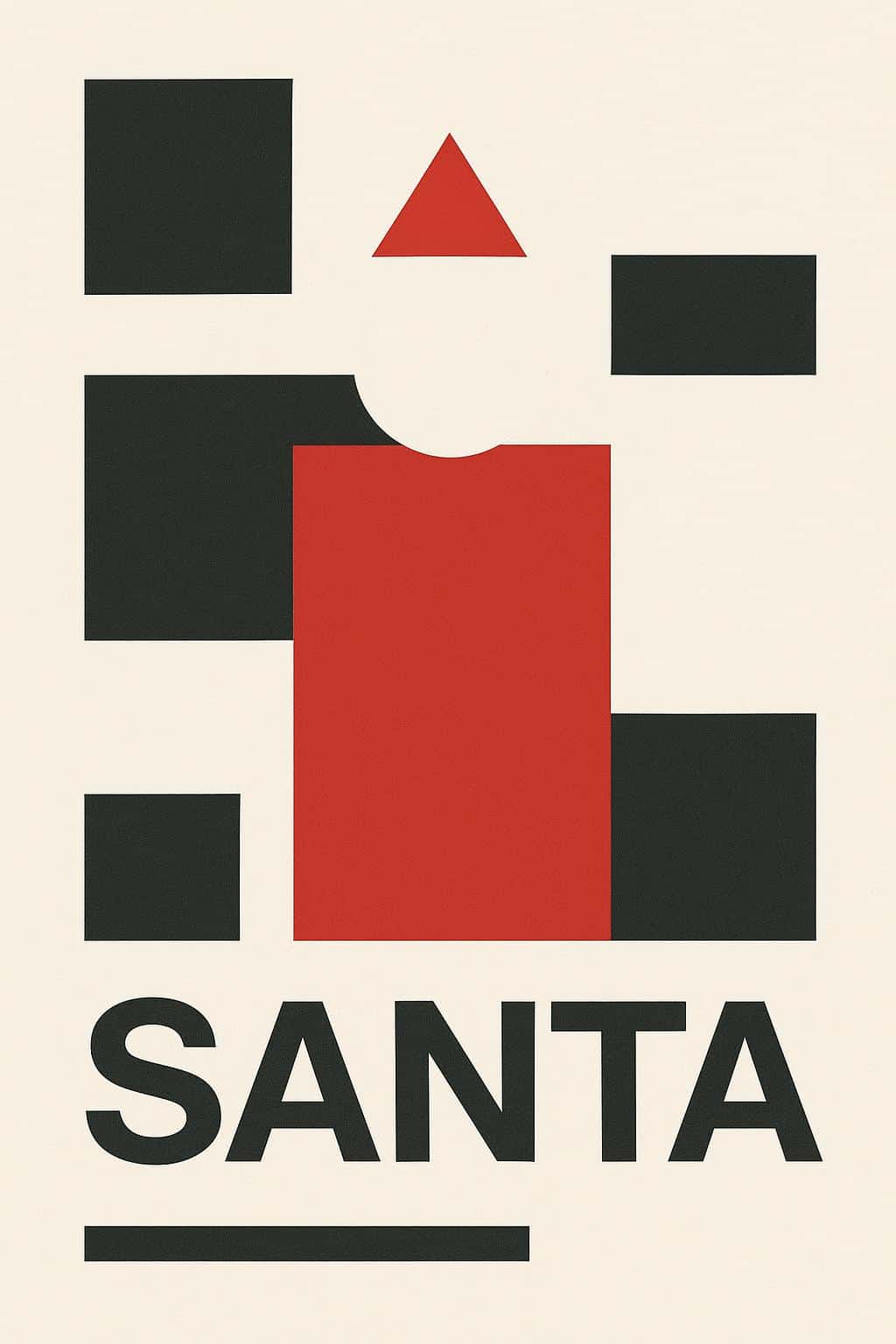 A Swiss-style modernist poster of Santa reduced to a red rectangular coat and white circular head with tiny triangular hat, set on a strict grid within a 2:3 frame.