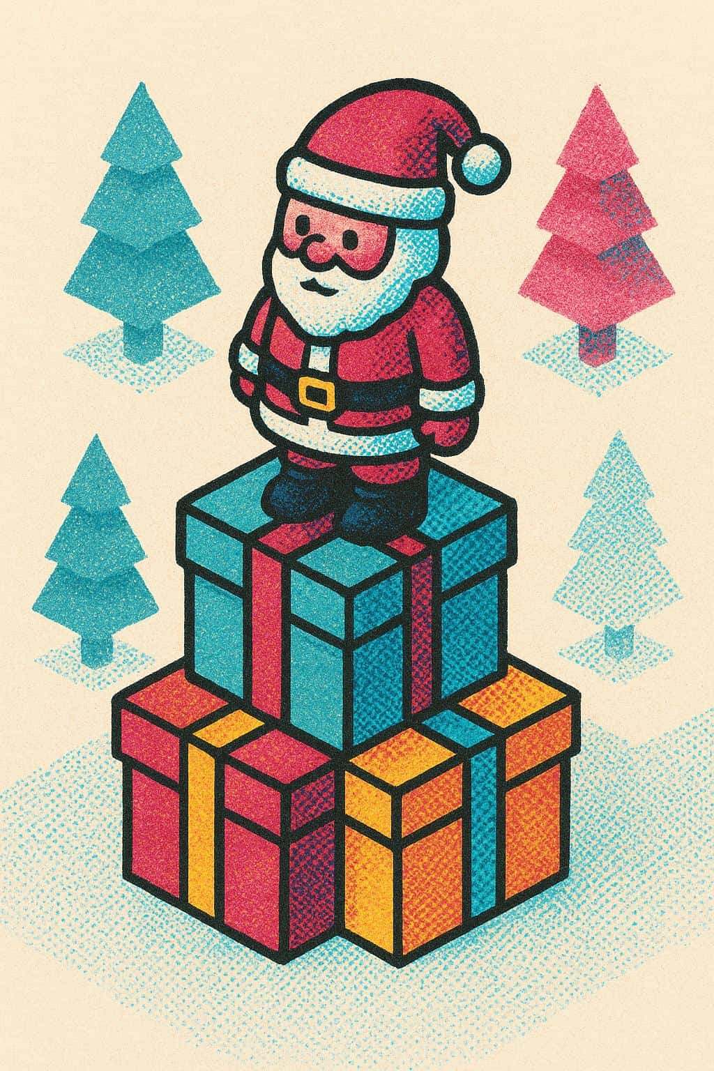 A vertical 2:3 risograph-style art print showing a small Santa toy atop stacked isometric gift-like blocks with misregistered cyan, magenta and rich black fringes, halftone shadow planes, simple geometric pine trees, and a tactile paper纹理.
