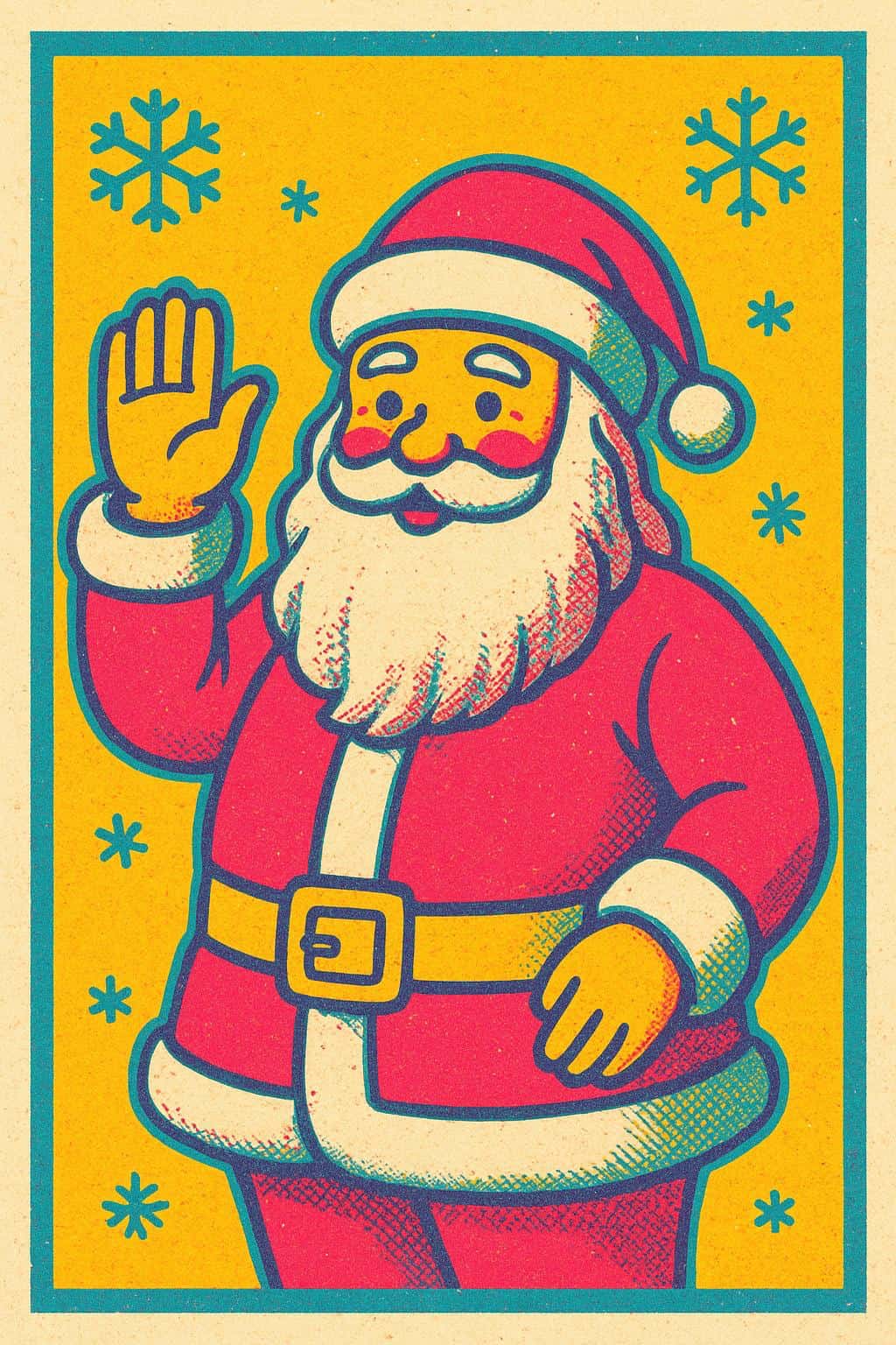 A risograph-style pop print of Santa waving, made from flat cyan, magenta and warm yellow shapes with slight misregistration, halftone shadow dots, bold contour lines, paper texture and a snowflake border.