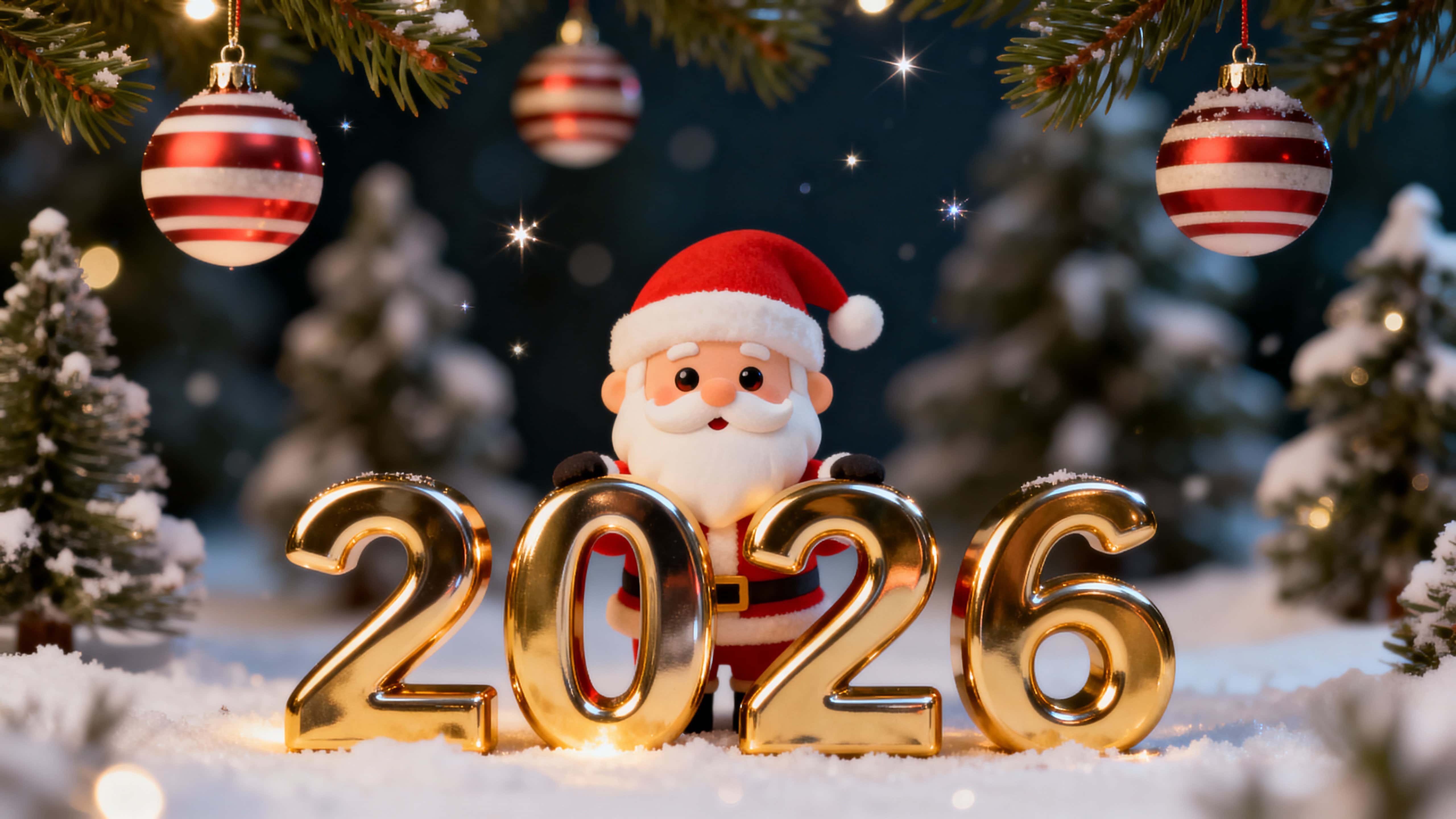 A playful winter scene shows a cute Santa standing behind polished golden “2026” numbers amid a soft snowy blur of pine trees, striped ornaments overhead, and drifting sparkles.