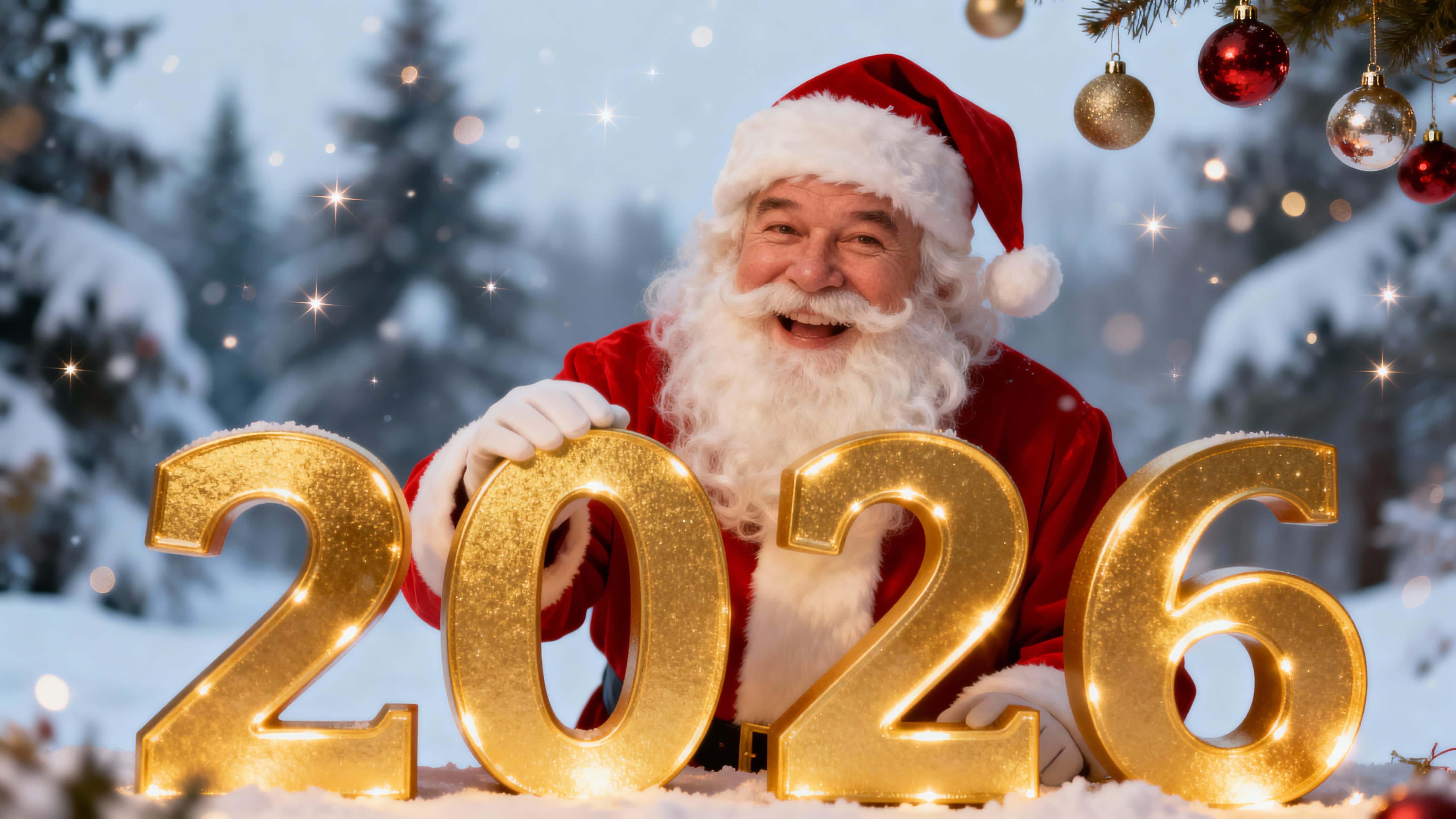 Smiling Santa poses centered behind large reflective golden “2026” numerals in a wide 16:9 frame, with snow-covered trees blurred in the background, drifting sparkles, hanging baubles, and soft warm light.