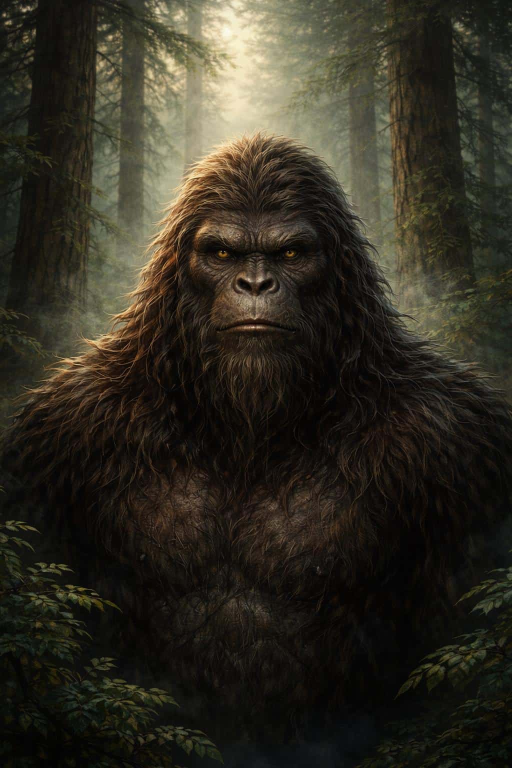 Vertical 2:3 portrait of a Sasquatch guardian rendered as a digital painting mixing hyper-realism and fantasy, centering its face against towering old-growth trees to convey ancient wisdom.