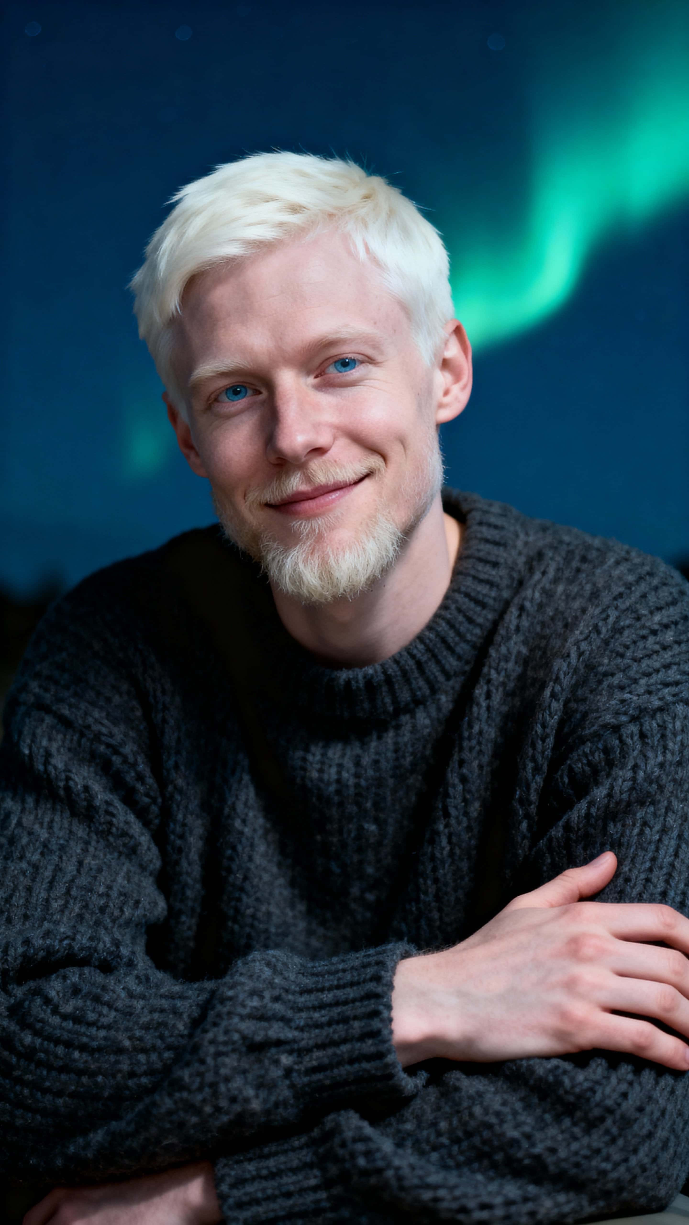 Editorial mid-chest portrait of a Scandinavian man with albinism in his early forties wearing a charcoal knit sweater against a midnight-blue background with a cool green aurora hint, conveying calm confidence and warmth.
