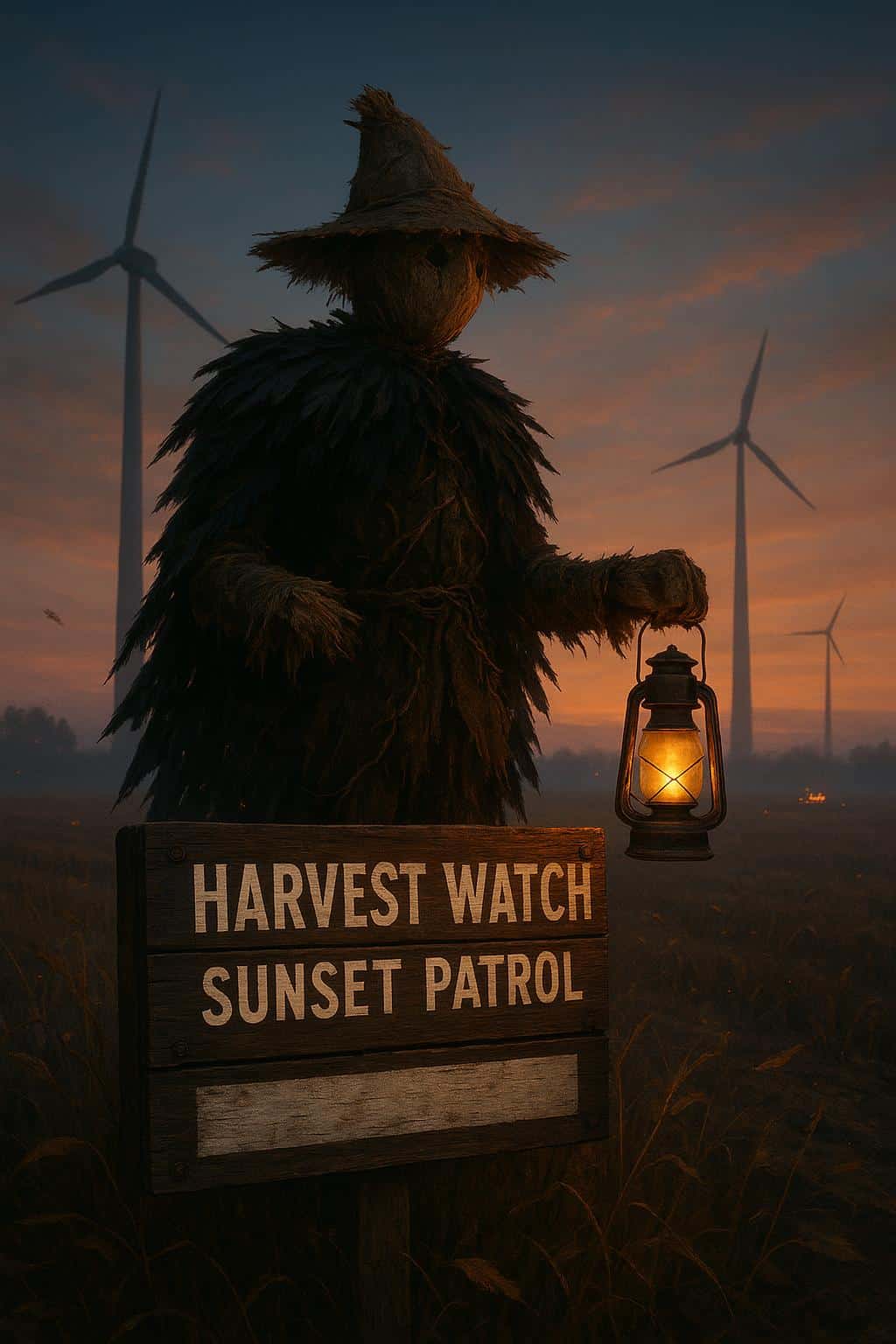 A scarecrow sentinel stands at a harvested field edge beneath slow-turning turbines at sunset, lantern in a straw hand, crow-feather mantle and a stenciled crate sign with a blank strip for a headline.