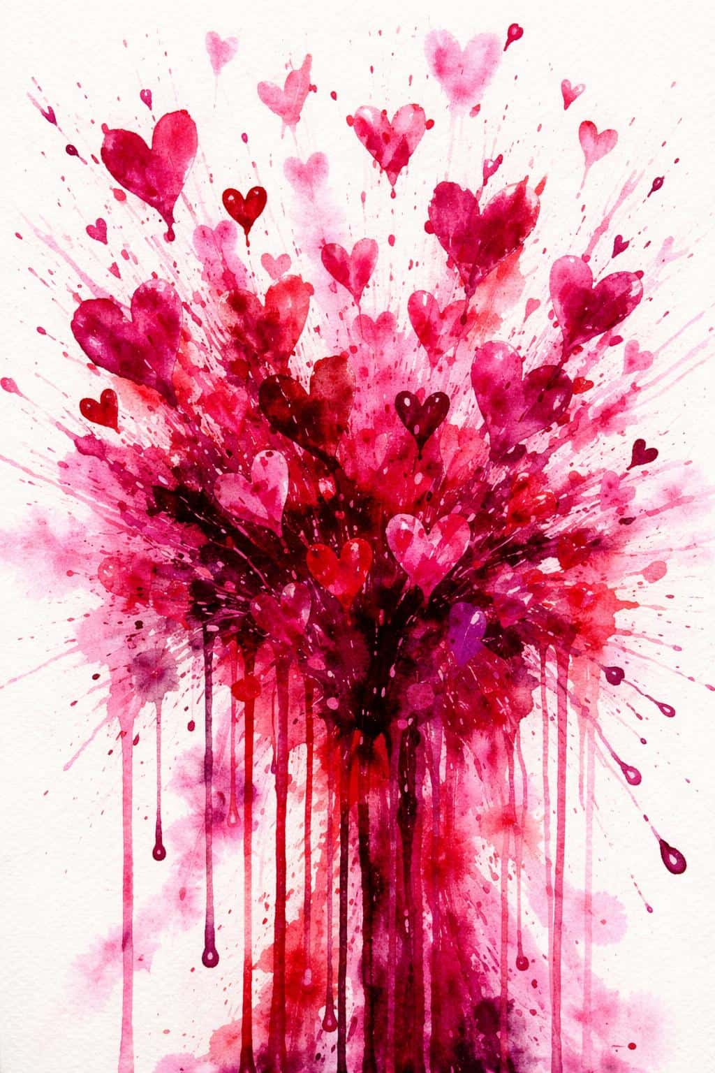 A vertical 2:3 watercolor action painting of scarlet and magenta heart-shaped splatters erupting from the bottom with long drips, wet sheen, and textured paper.