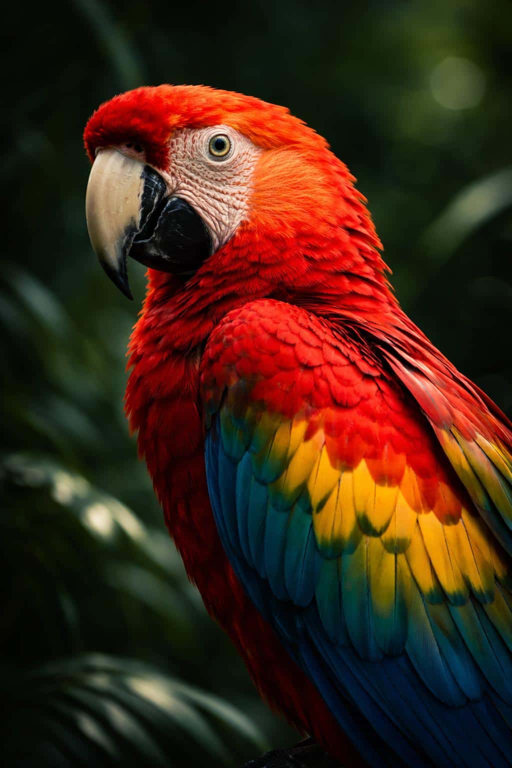 A vibrant scarlet macaw features in this detailed nature portrait emphasizing iridescent plumage and sharp textures for a professional editorial layout.