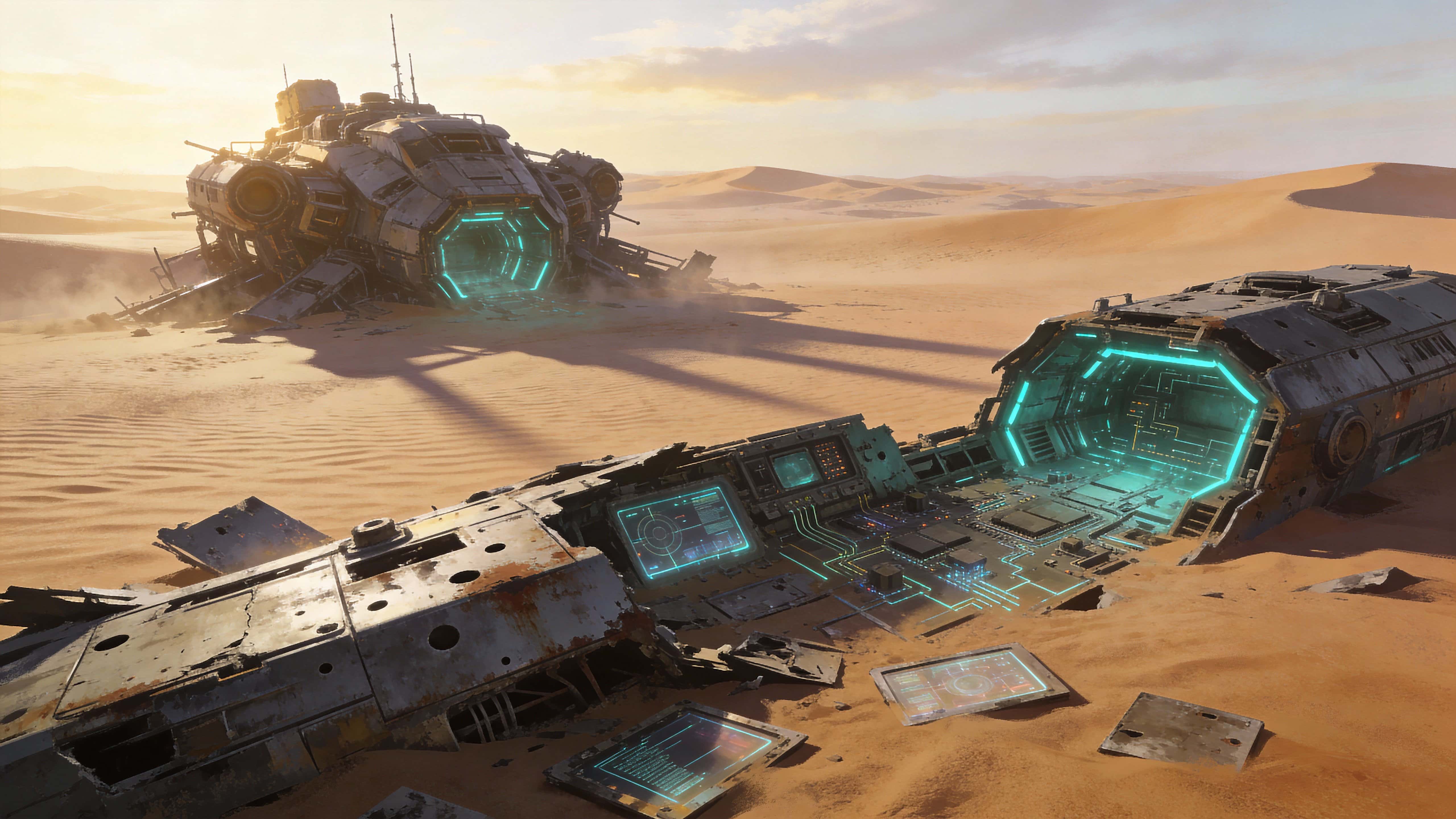 A widescreen digital-painting of a sci-fi desert landscape populated by corroded technological ruins, composed for a 16:9 wallpaper with cinematic framing and mood.