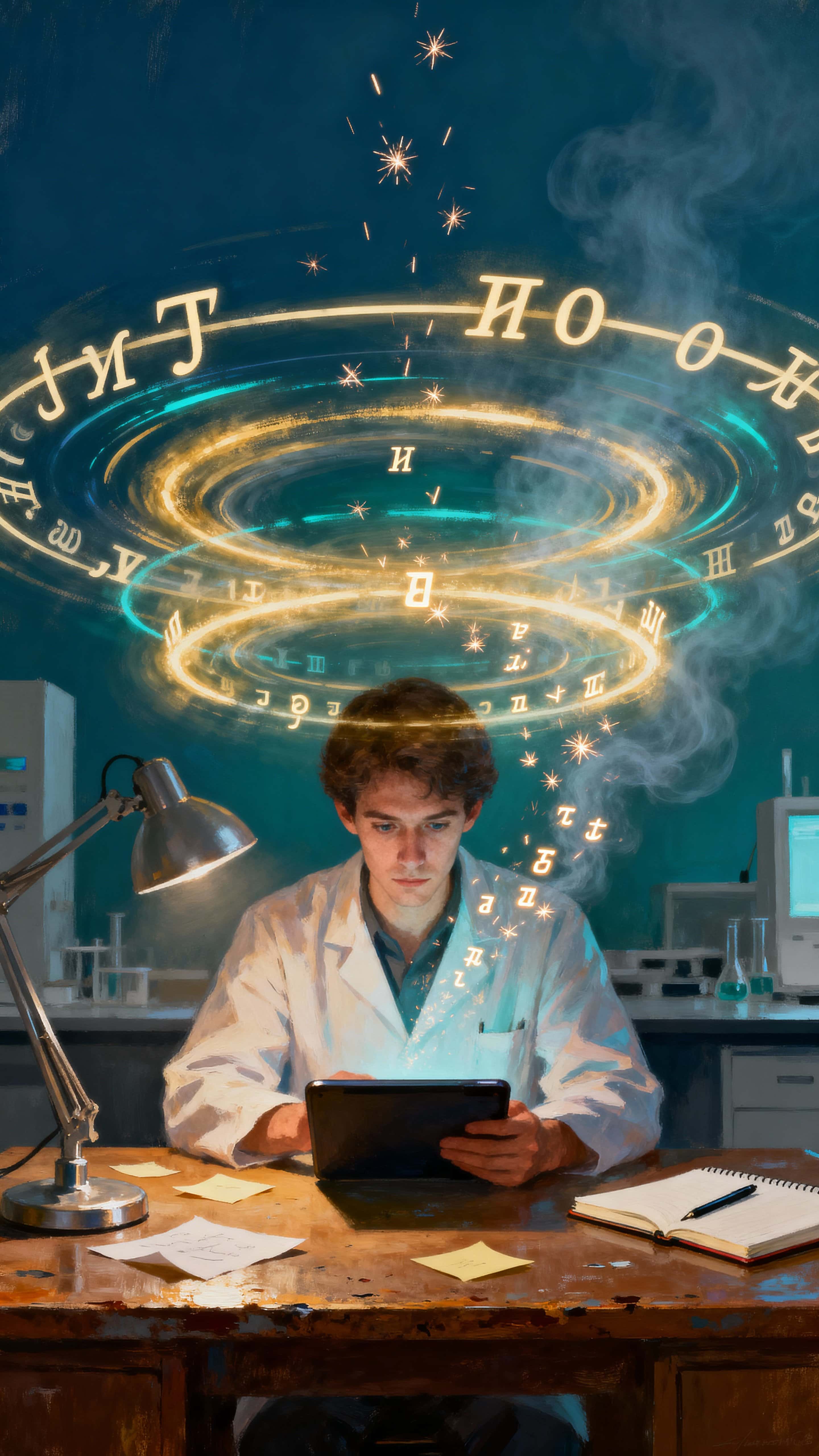 A focused scientist sits at a desk as swirling rings of glowing symbols rotate around their head like a small galaxy of information, while drifting letters peel off a nearby screen like sparks.