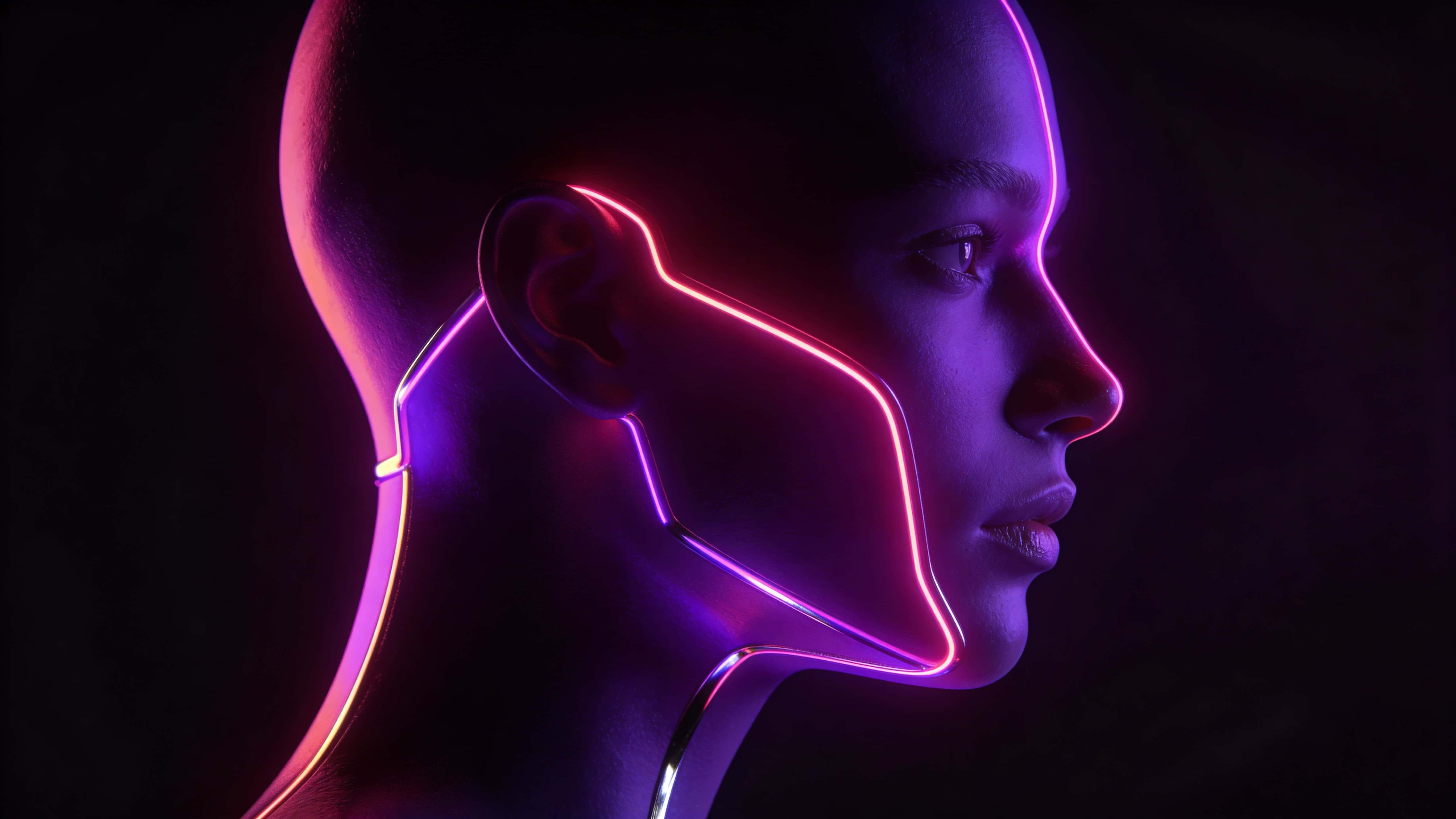 Near-profile sculpted face in matte midnight purple with hot-pink and electric-violet contour lines tracing the nose and jaw over a dark minimal background, framed 16:9.