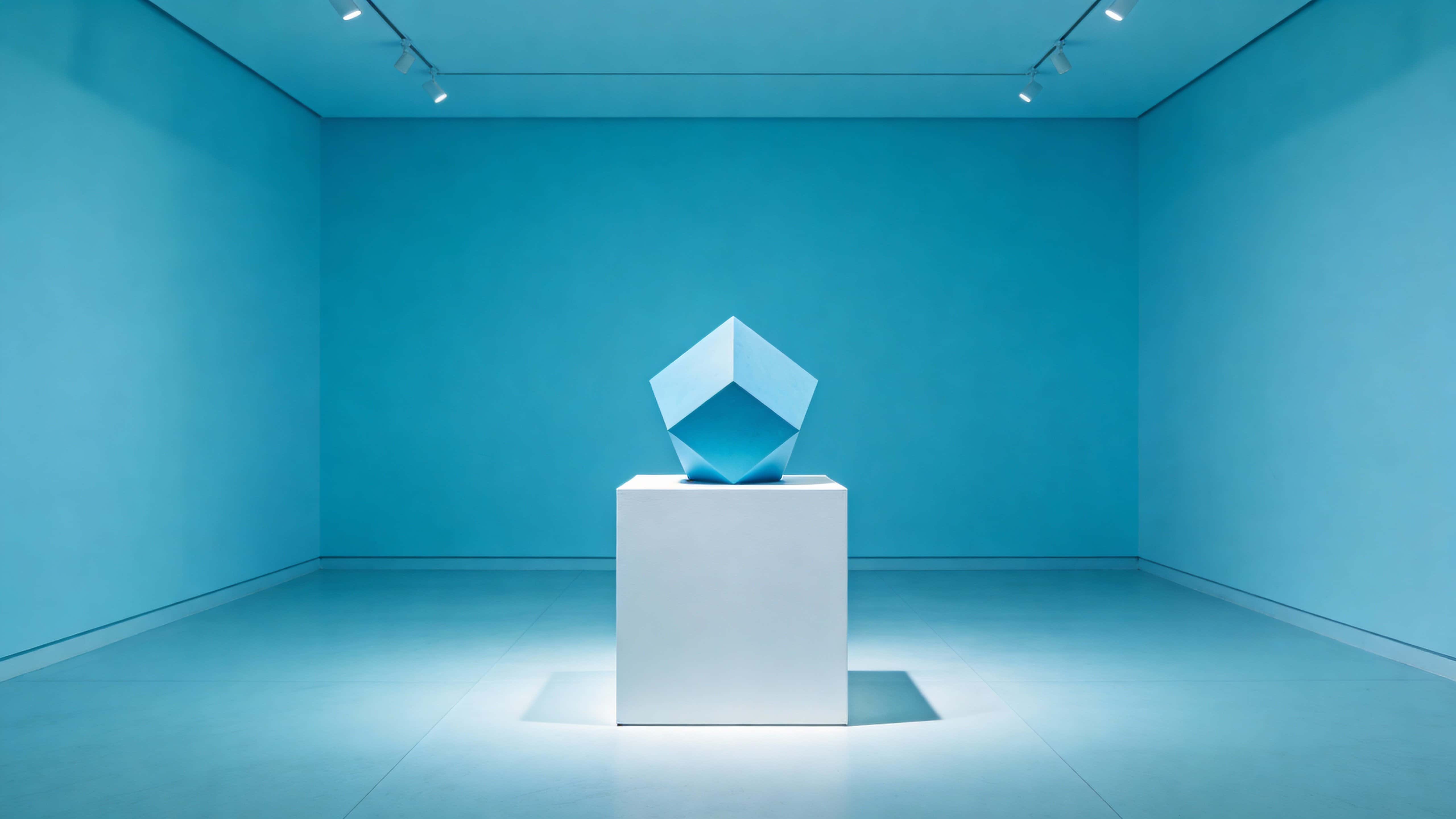 A solitary minimalist sculpture in a museum room, centered within a 16:9 crop and framed tight on a pedestal, set against pure cyan-blue walls with almost shadowless, ultra-flat lighting.