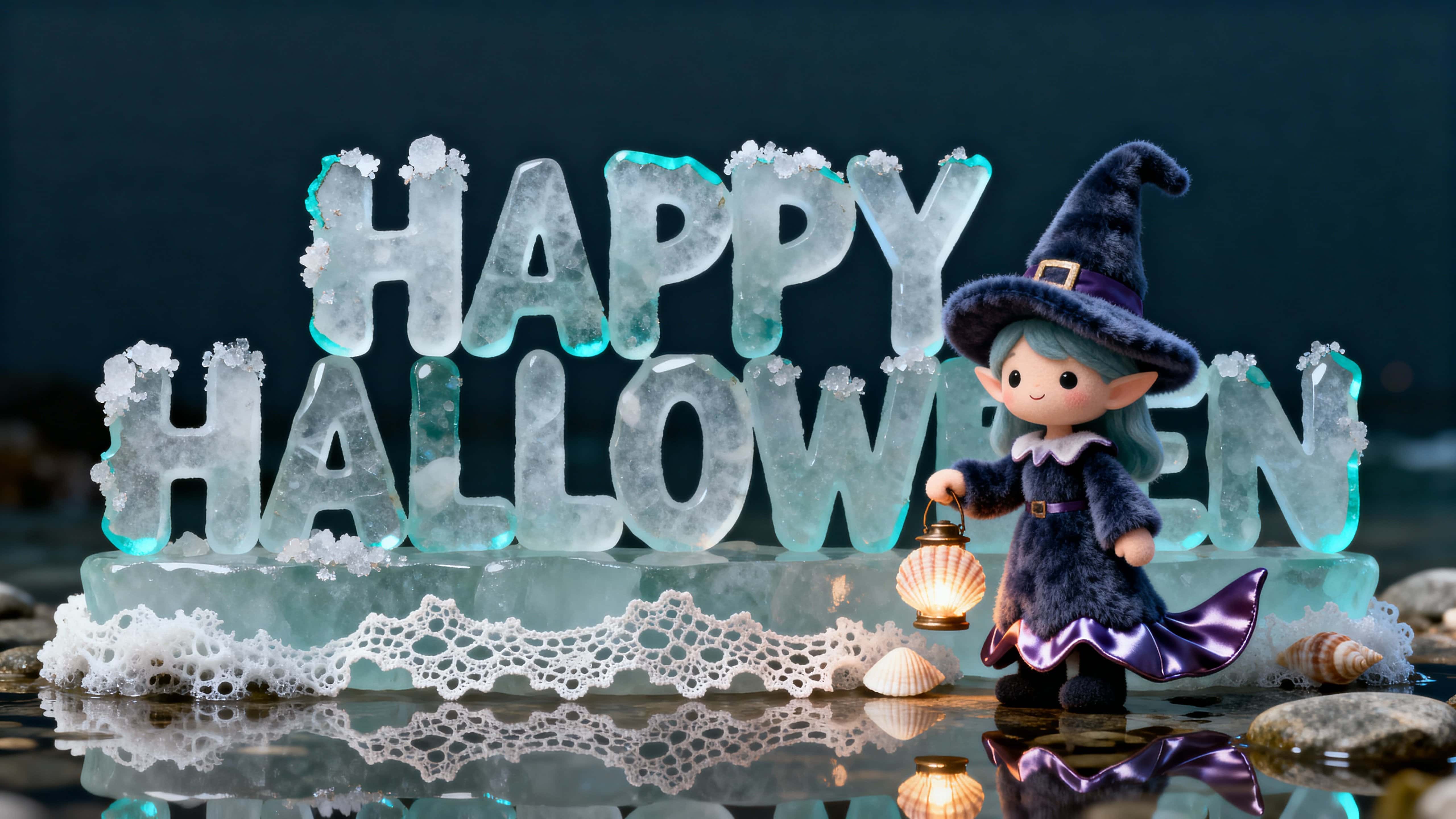 16:9 photo-real 3D render of “HAPPY HALLOWEEN” in frosted sea glass with micro salt crystals and sea-foam lace, a fleece sea-witch at right holding a shell lantern, cool frontal translucency, pale-aqua rim, wet stone reflection, bleed-safe.