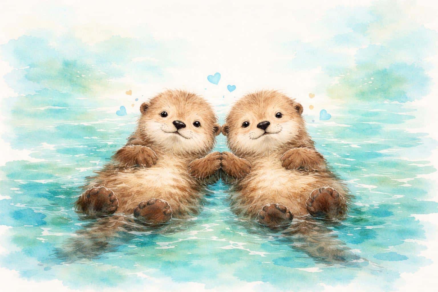 Whimsical watercolor of two otters holding hands as they float on their backs in a calm turquoise sea with heart-shaped bubbles and soft negative space above for text.
