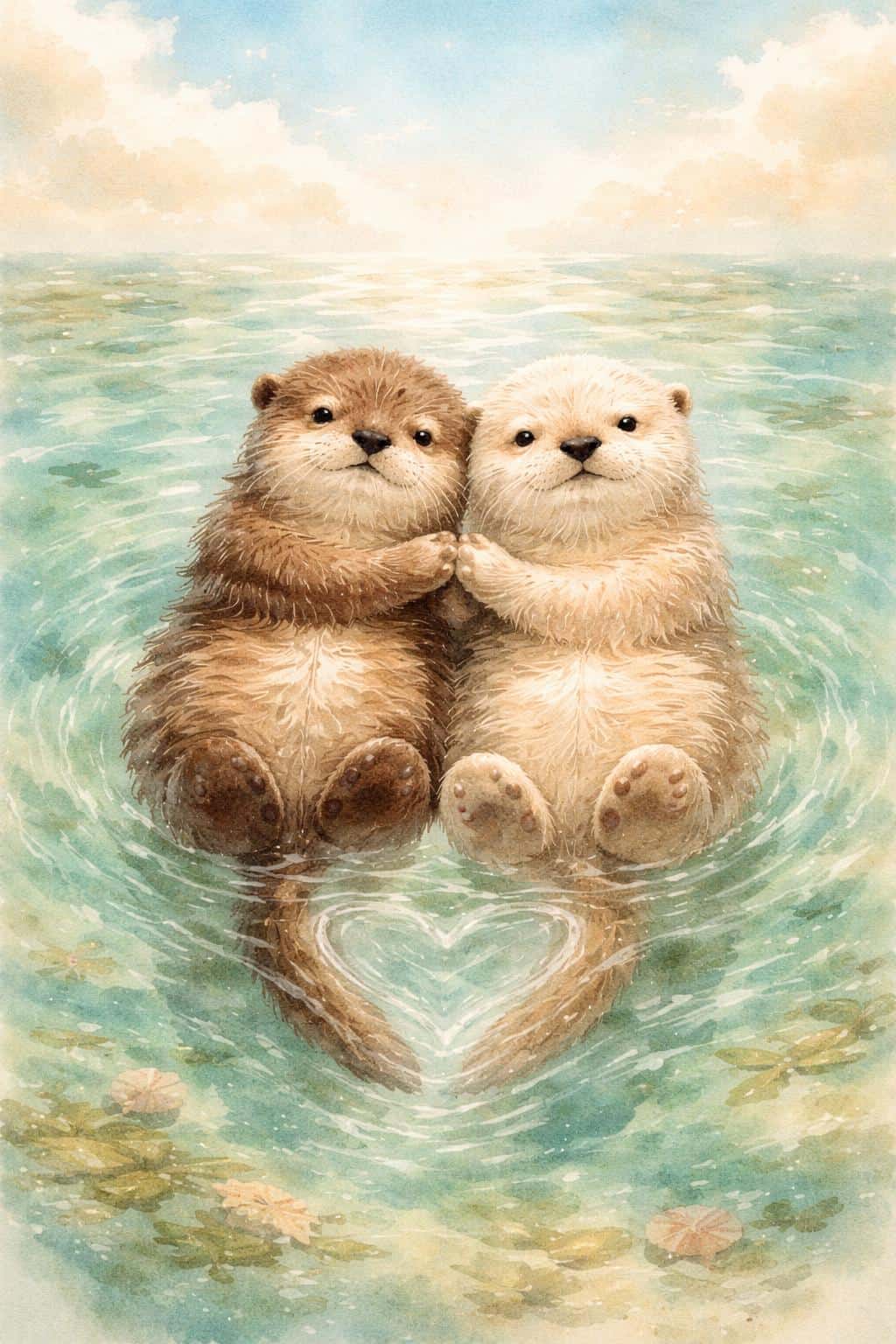 Vertical 2:3 watercolor of two sea otters floating and holding paws amid clear water and soft sky, heart-shaped ripples spreading below, with ample upper space for type.