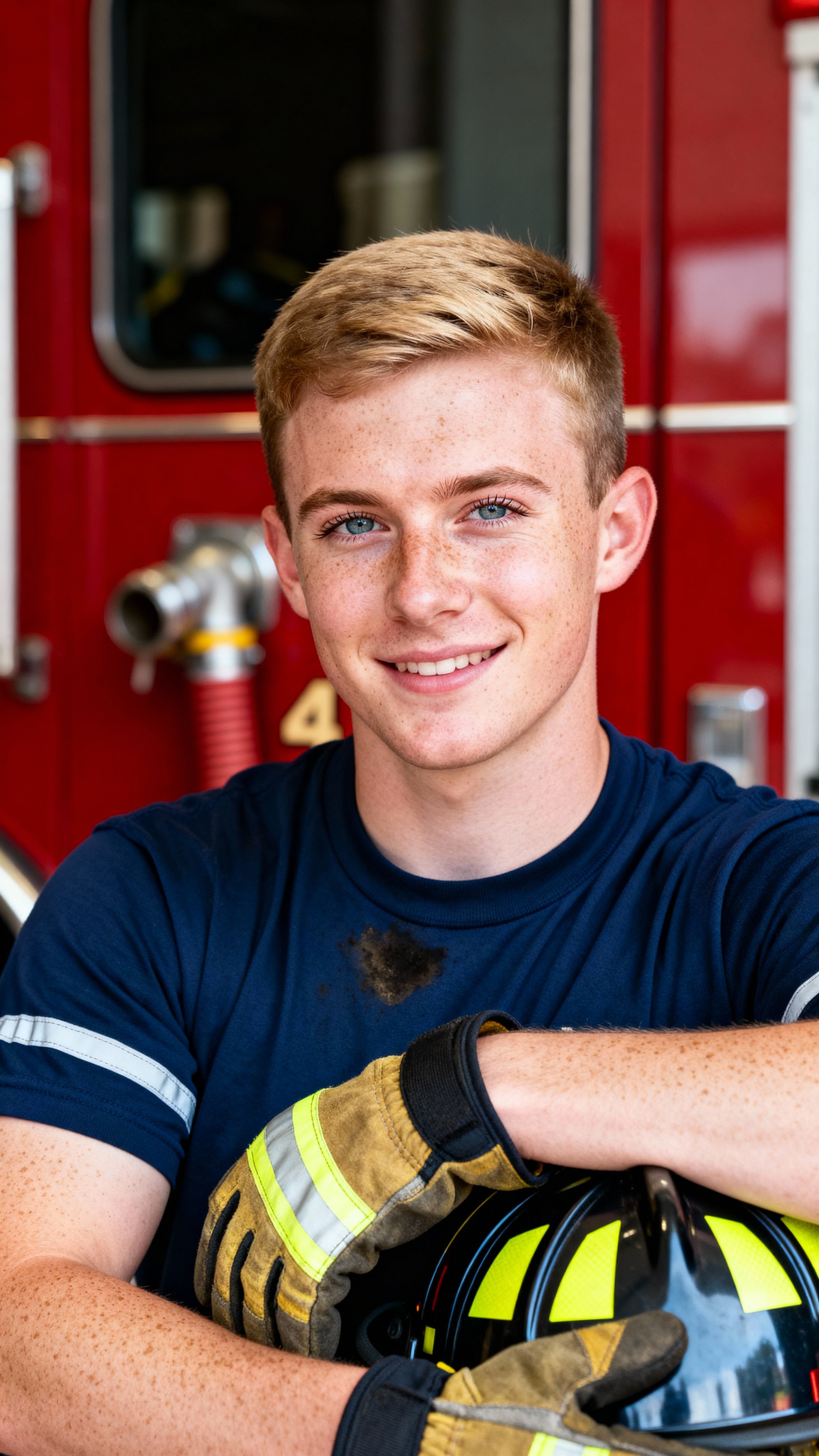 Sean, a mid-20s Irish American firefighter trainee, rests gloved hands on a helmet outside the station with sandy hair, freckles, a navy-blue tee and soft engine-red blur, lit by a gentle wrap that preserves skin texture and crisp iris and睫