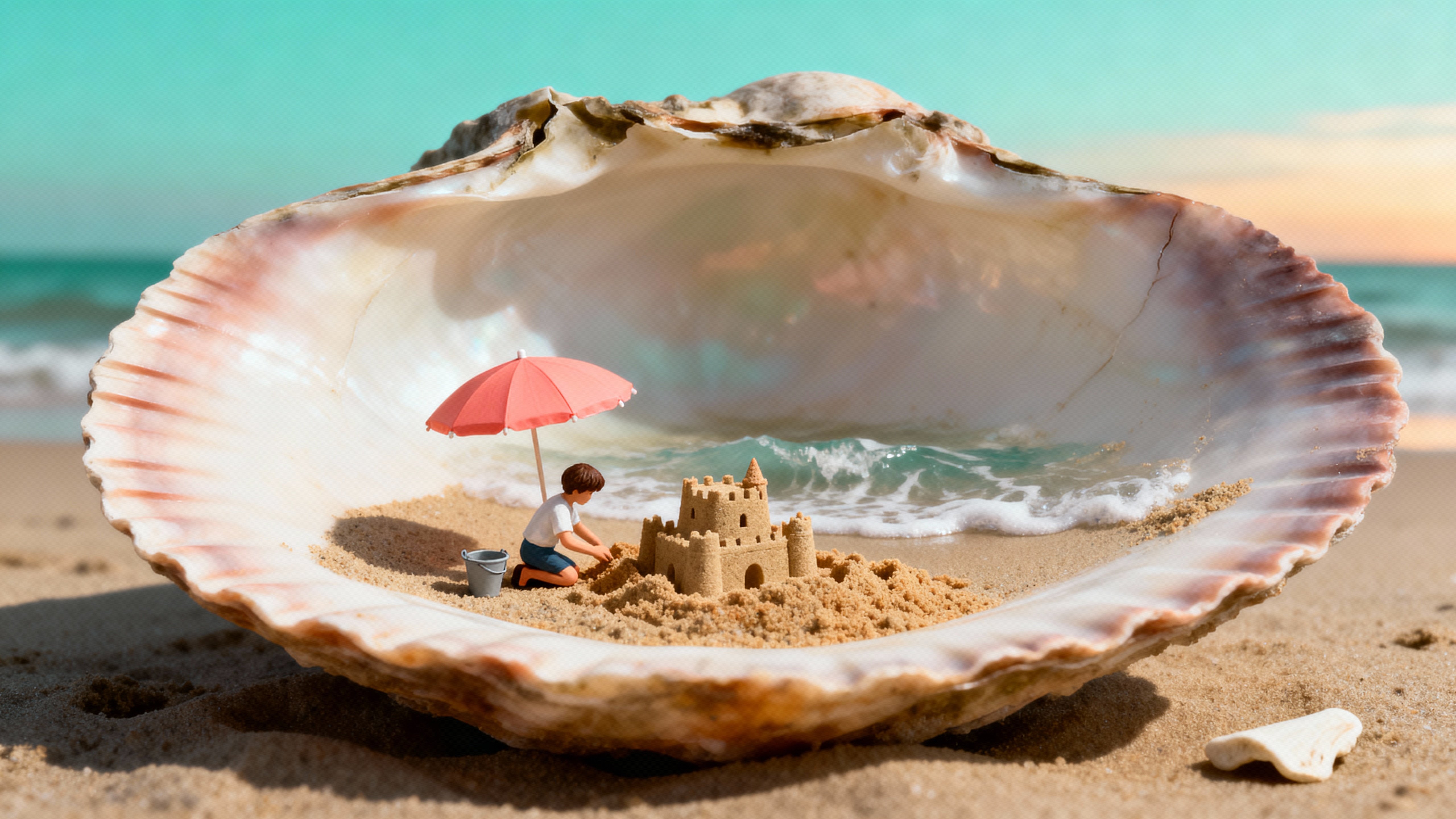 A giant cracked seashell lies open on a neutral shore, revealing a tiny sheltered beach with soft waves, a little umbrella, and a miniature child building a sandcastle along the shell’s curved inner surface.