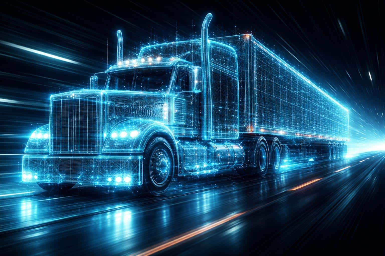 A glowing cyan digital wireframe of a semi-truck traveling through a dark motion-blurred tunnel, perfect for tech-themed wallpapers or industrial headers.