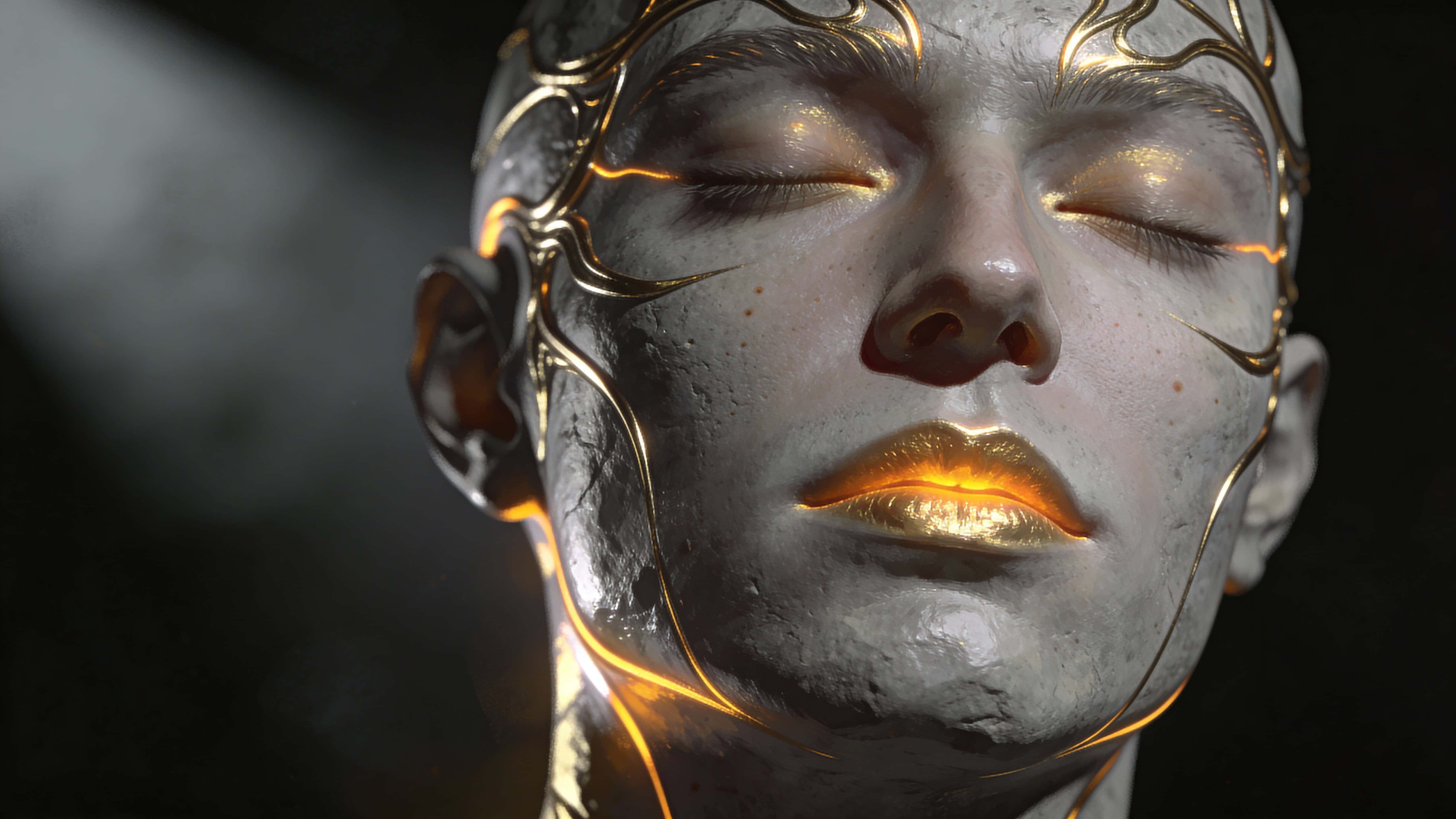 Close-up digital painting of a serene graphite-gray face with continuous gold and soft-amber contour lines, subtle warm reflections against a deep shadowy backdrop.