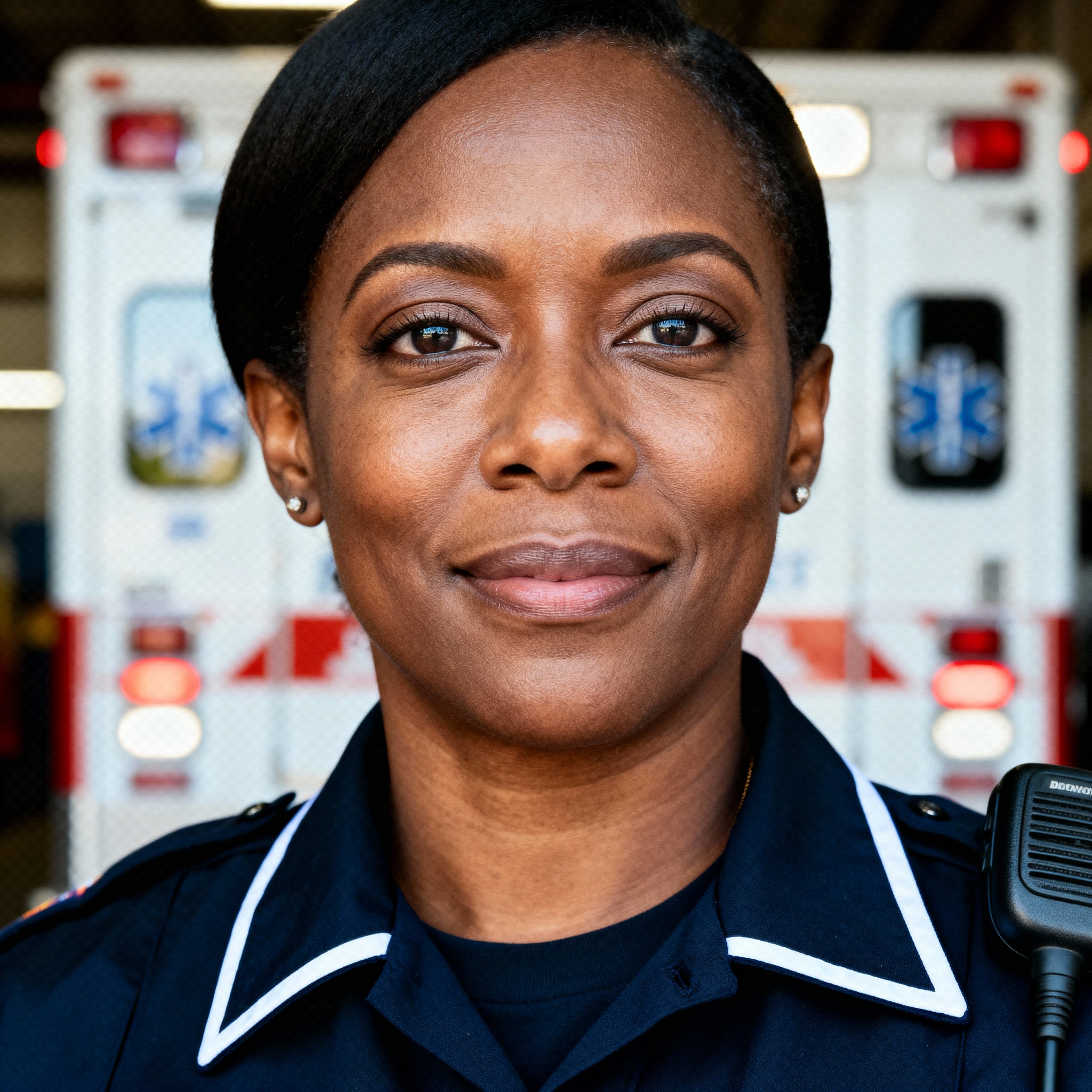 Headshot of Shanice Walker, a 42-year-old Black EMT in Detroit with collar and radio mic at frame edge, calm reassuring gaze under even natural light against a soft blurred ambulance bay; colors include #8B5A3C, #F1C27D, #2C3E50, #1B1B1B, #