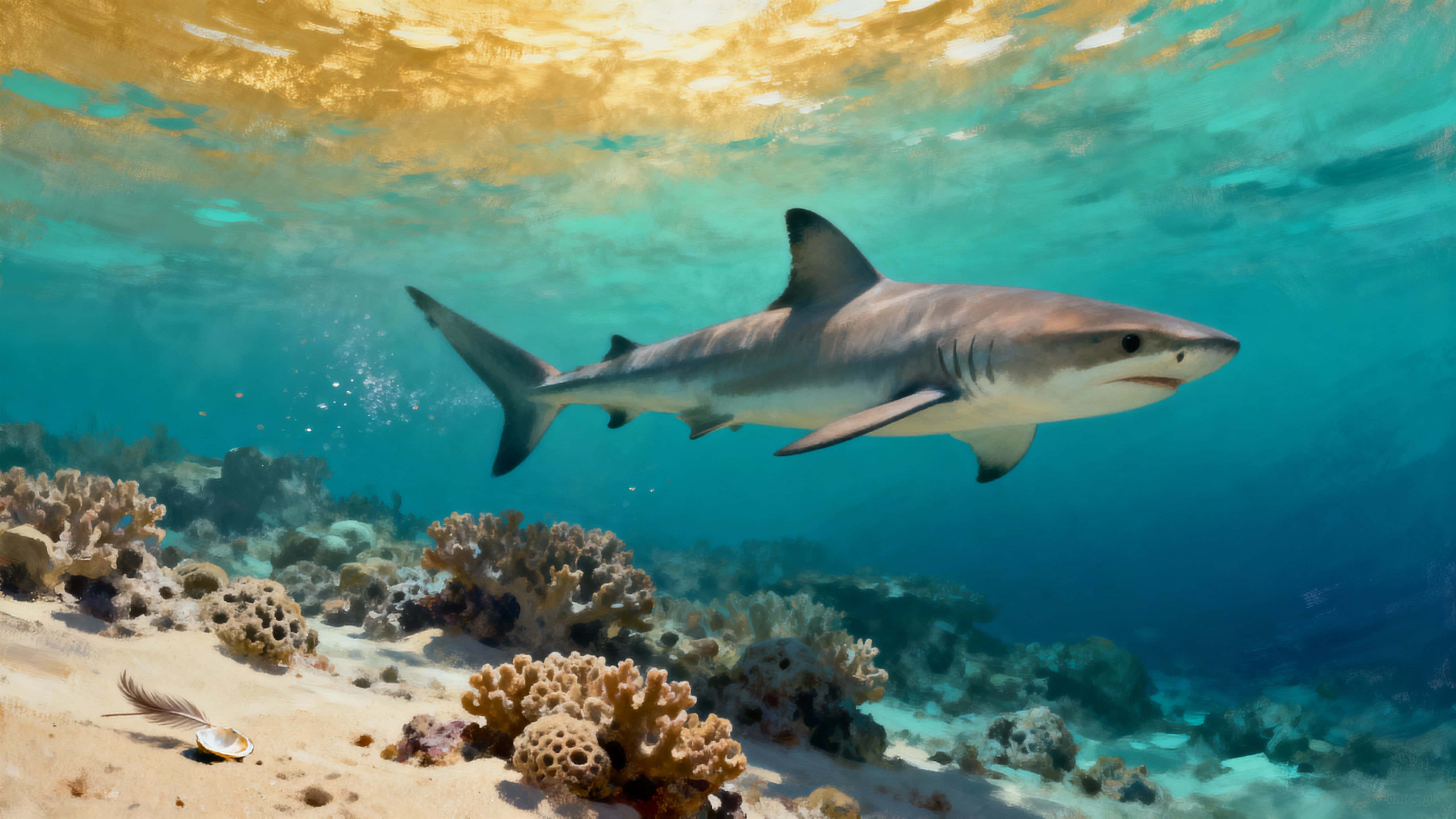 A solitary shark glides just below the waterline while sunlight scatters into warm bands and its dark shadow skims the coral reef below, creating a tranquil yet dramatic underwater study of light and form.